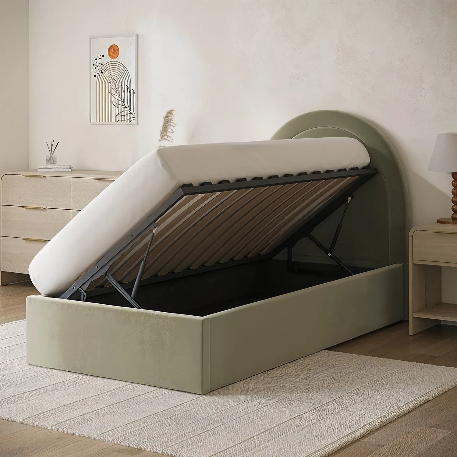 Single Side-Lift Ottoman Bed - Green, Velvet