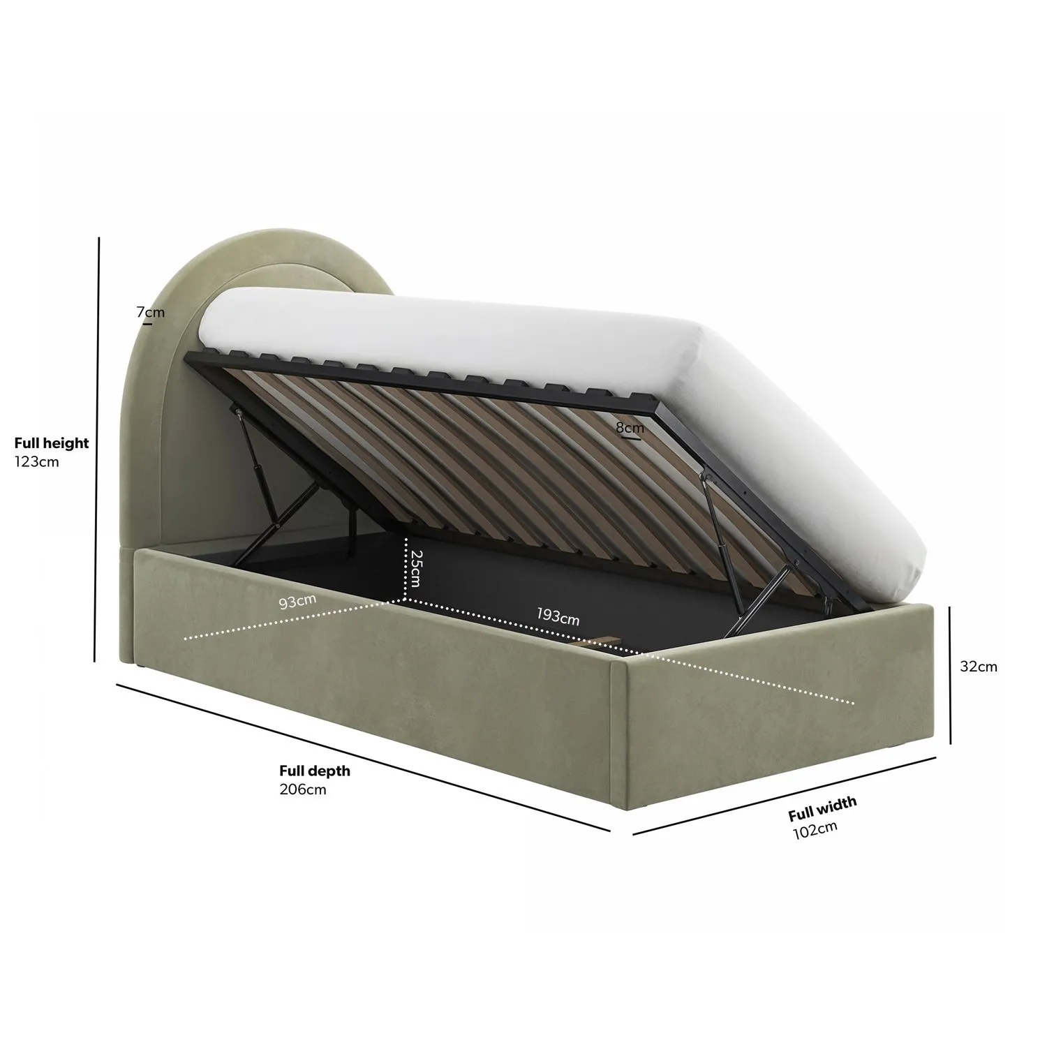 Single Side-Lift Ottoman Bed - Green, Velvet