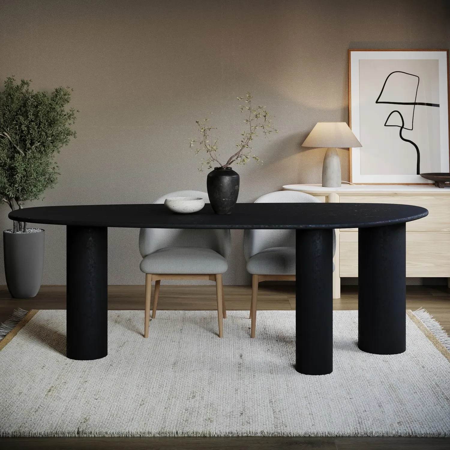 Large Oval Dining Table - Black, Oak Veneer
