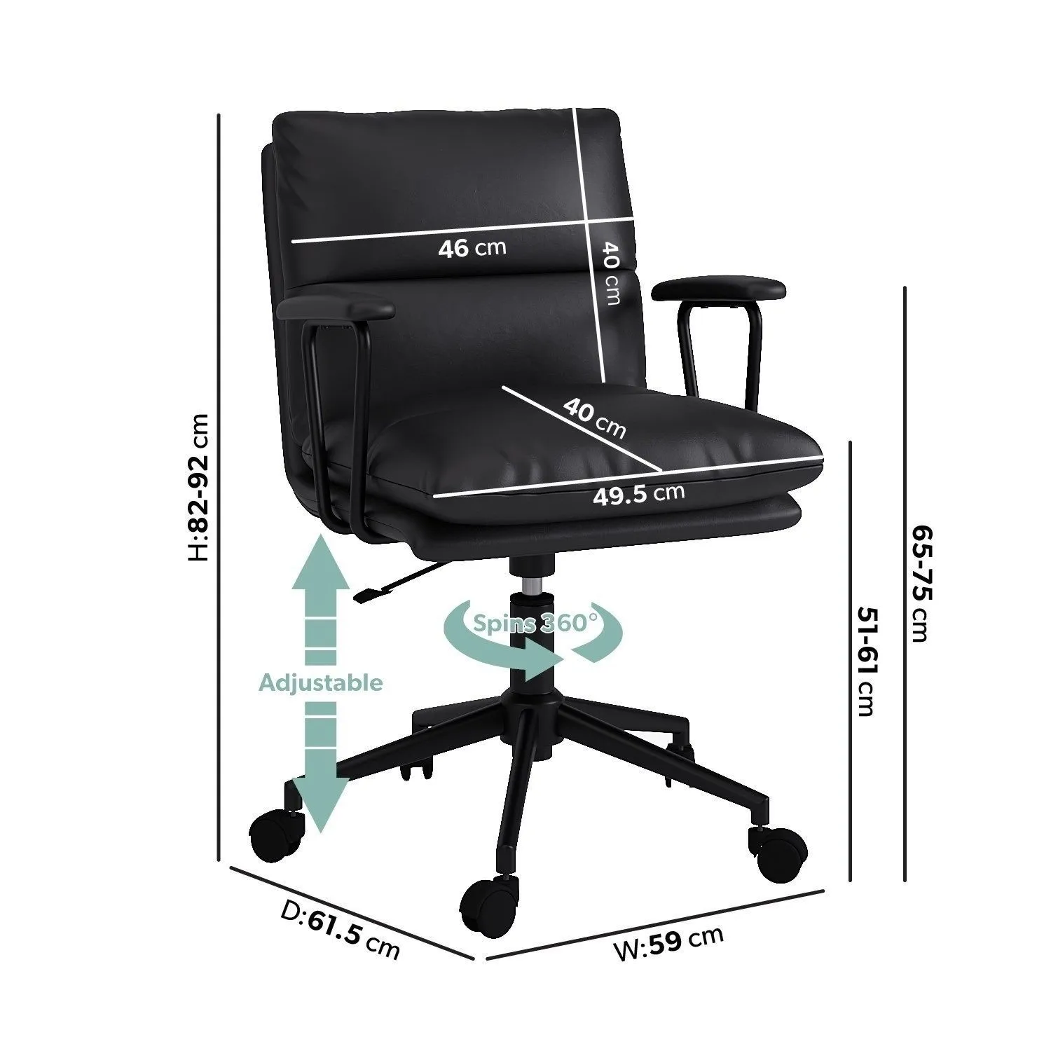 Swivel Office Chair with Armrests - Black, Faux Leather