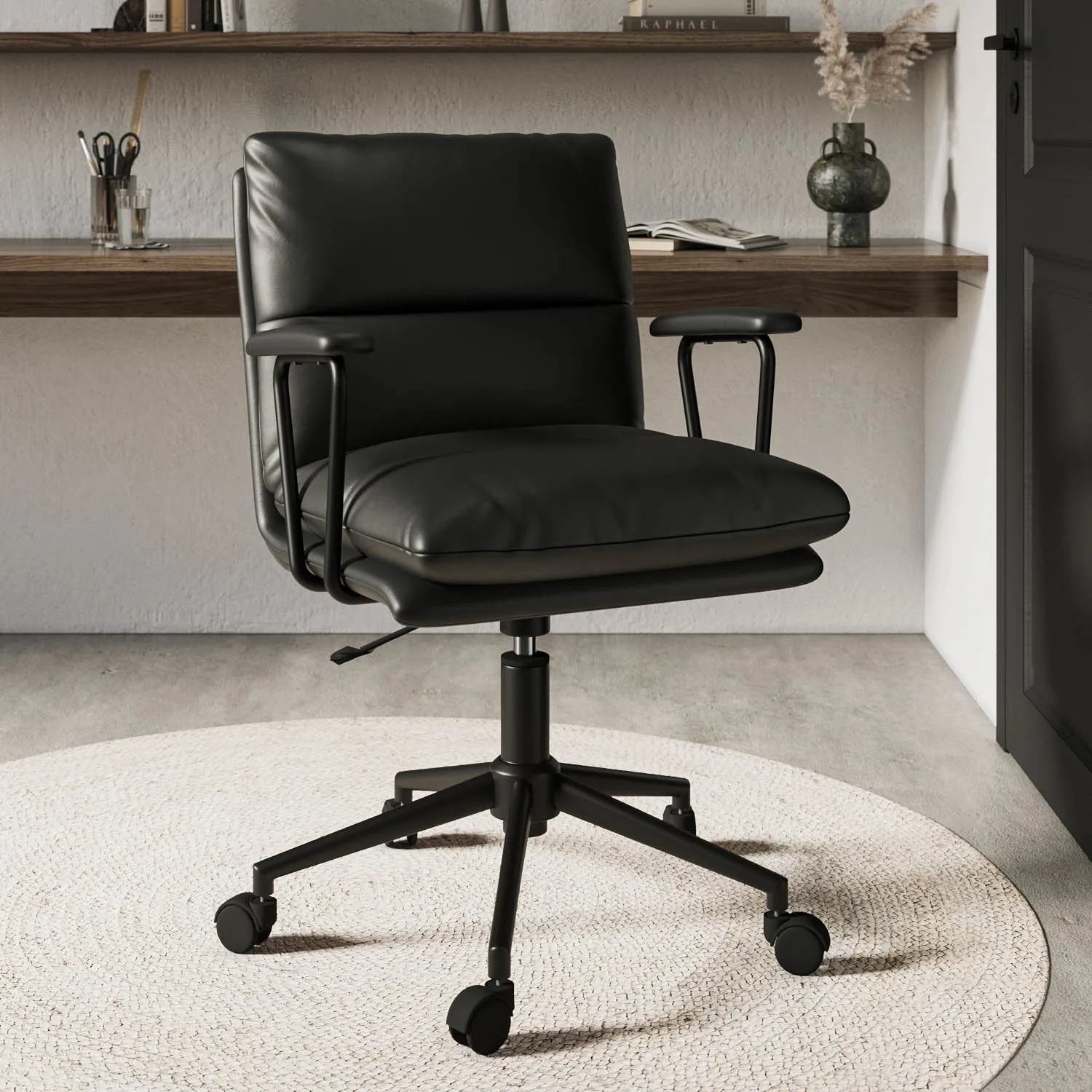Swivel Office Chair with Armrests - Black, Faux Leather image