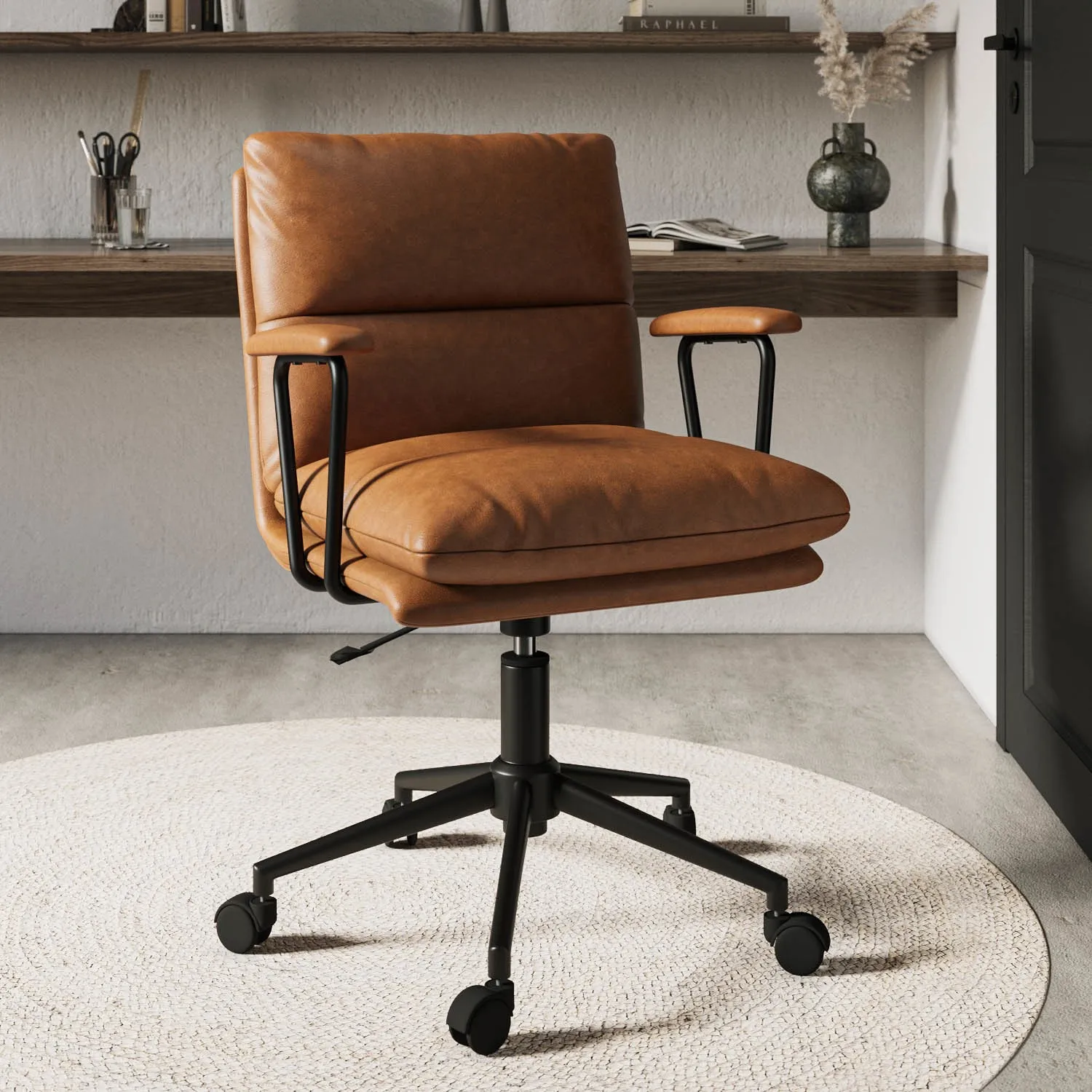 Swivel Office Chair with Armrests - Tan, Faux Leather image
