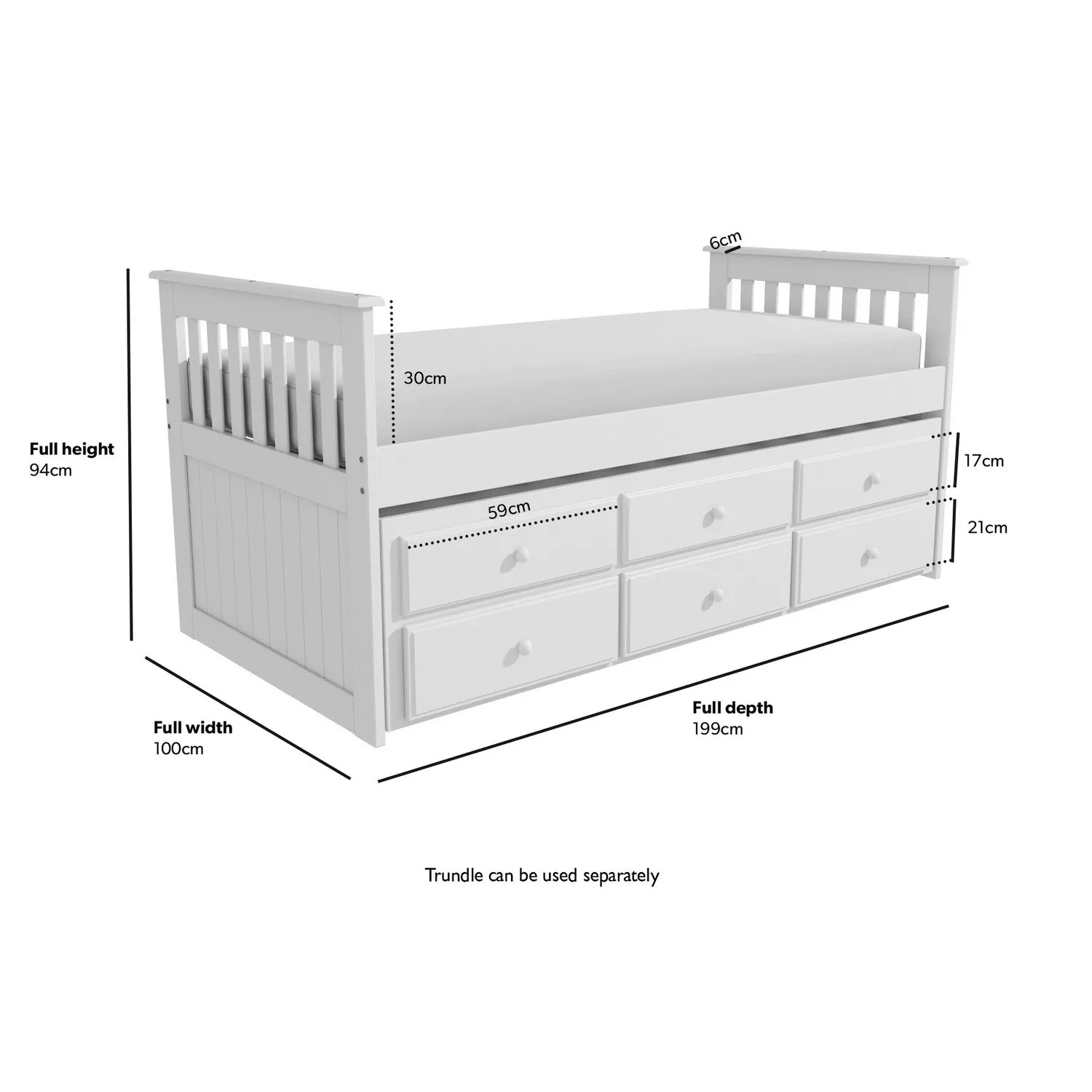 Single Guest Bed with Trundle Storage - White