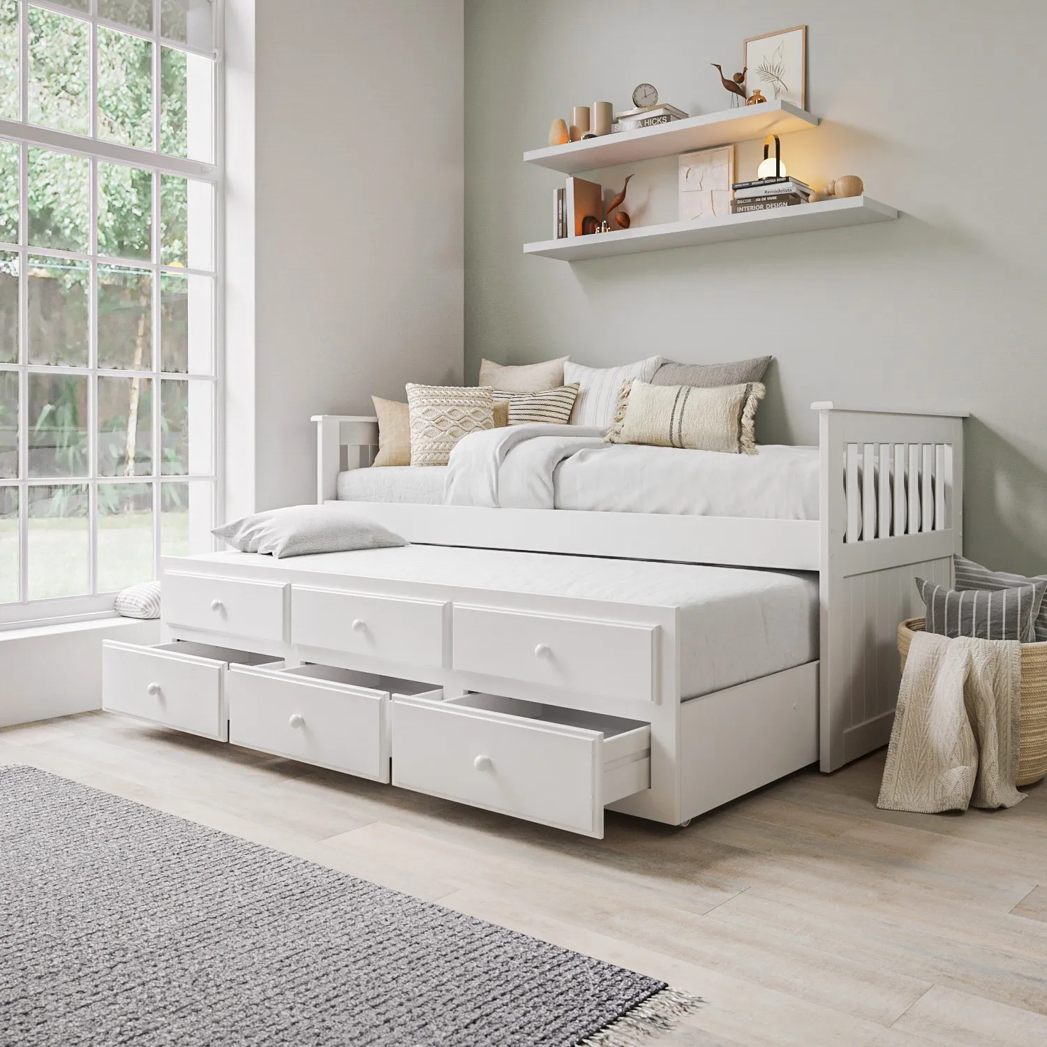 Single Guest Bed with Trundle Storage - White image
