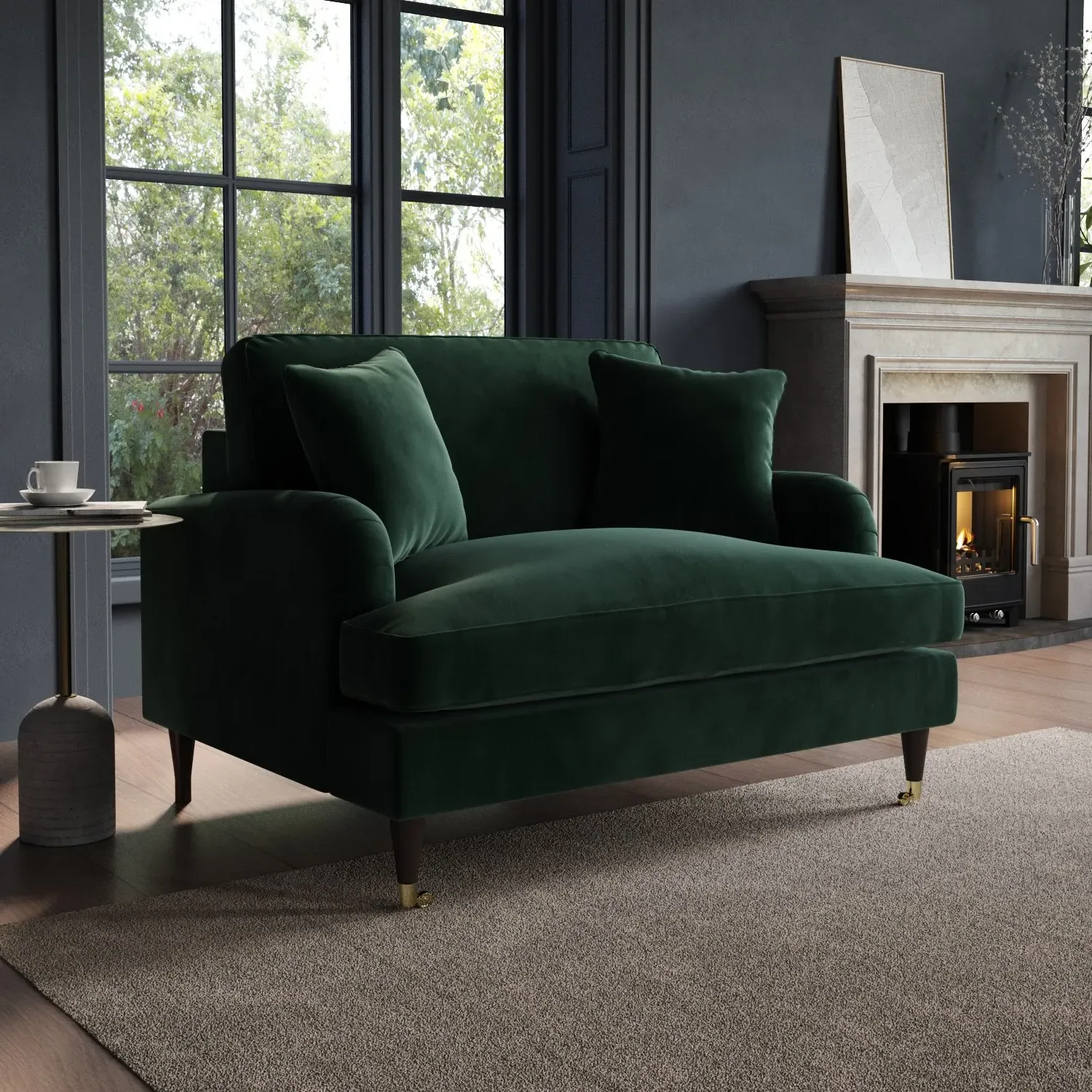 2-Seater Cuddle Chair with Castors - Green, Velvet
