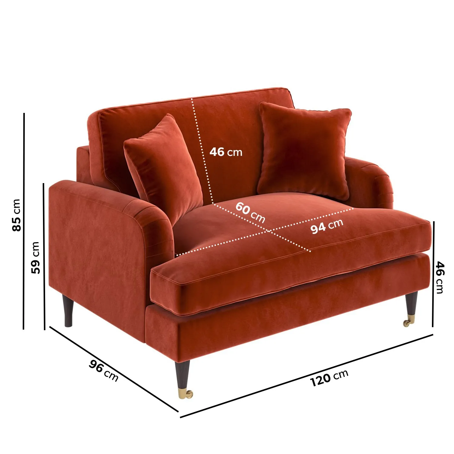 2-Seater Love Seat with Castors - Orange, Velvet