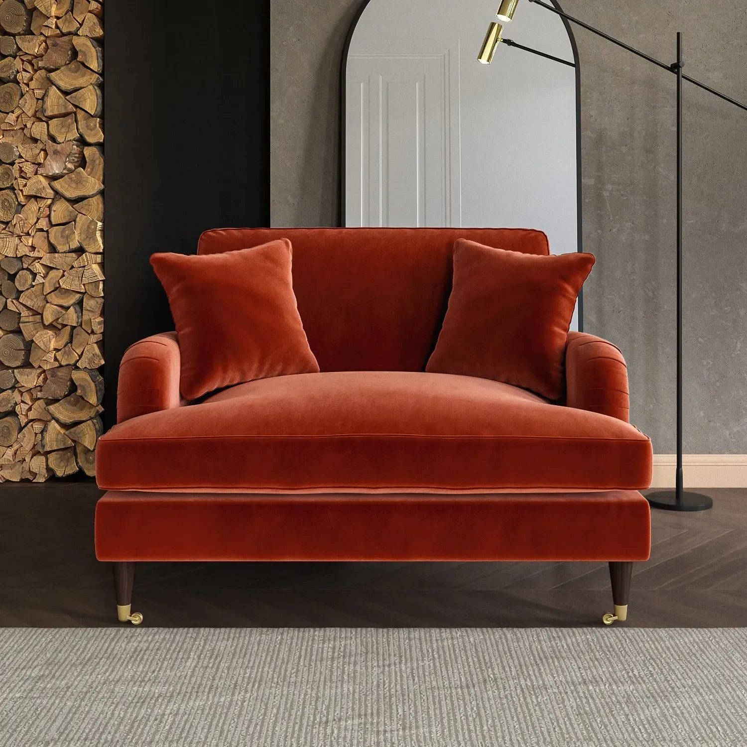 2-Seater Love Seat with Castors - Orange, Velvet image