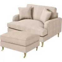 2-Seater Love Seat with Footstool - Beige, Fabric