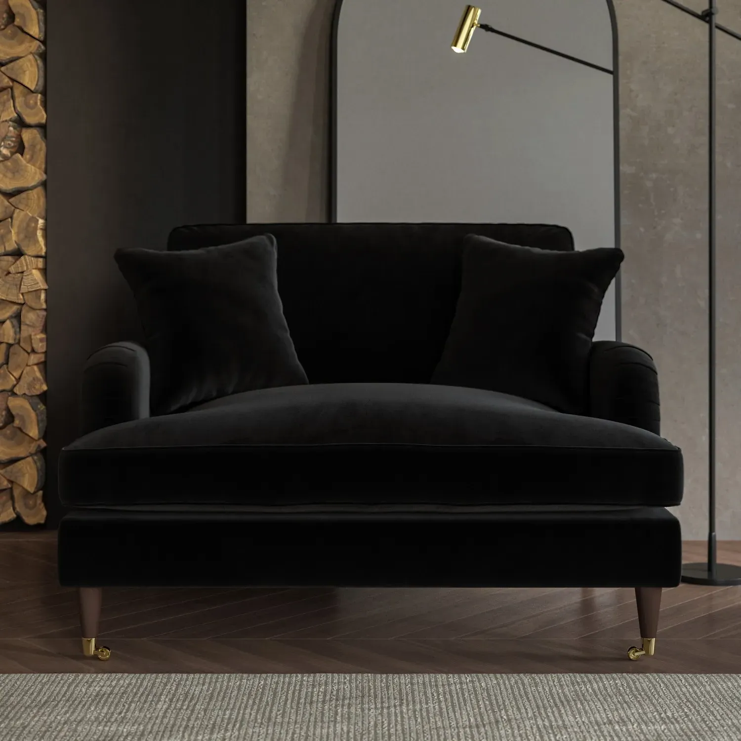 2-Seater Love Seat with Footstool - Black, Velvet