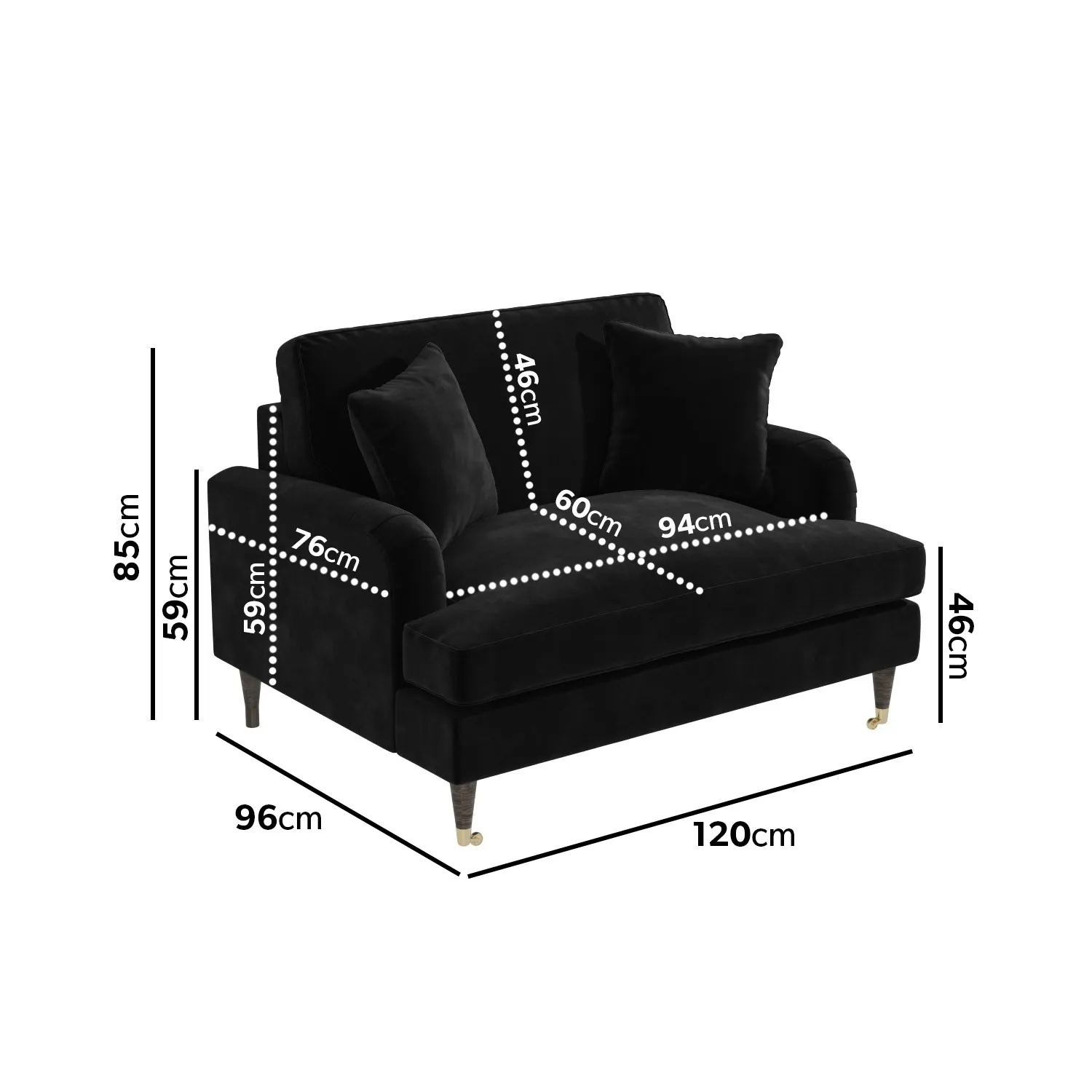 2-Seater Love Seat with Footstool - Black, Velvet