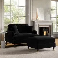 2-Seater Love Seat with Footstool - Black, Velvet