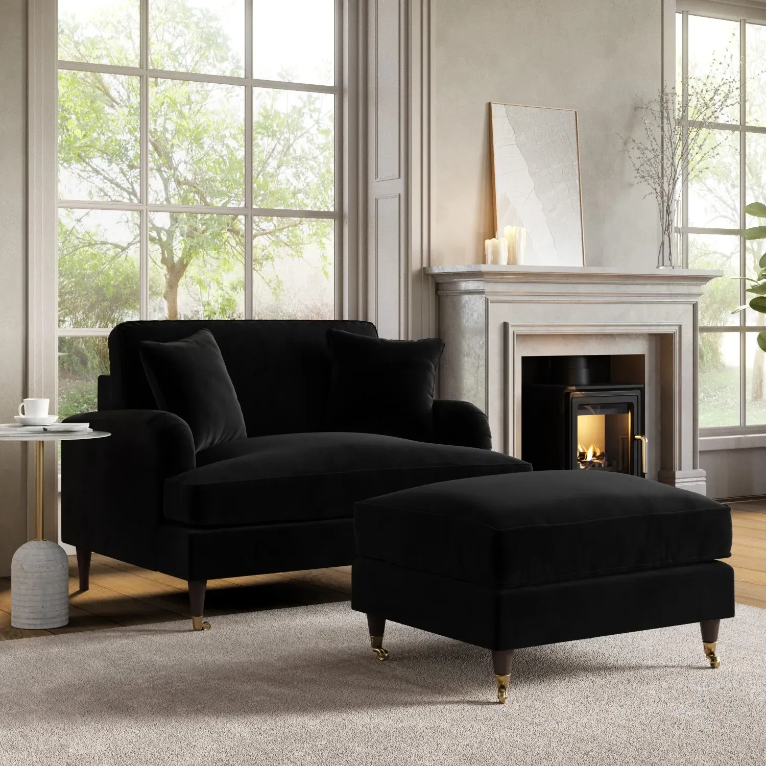 2-Seater Love Seat with Footstool - Black, Velvet