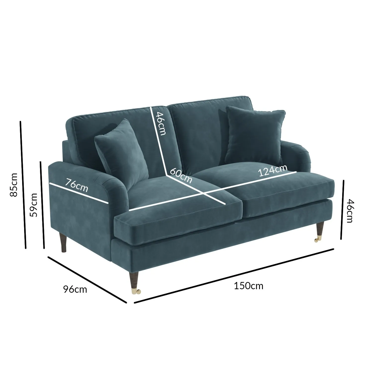 2-Seater Love Seat with Footstool - Blue, Velvet