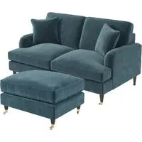 2-Seater Love Seat with Footstool - Blue, Velvet