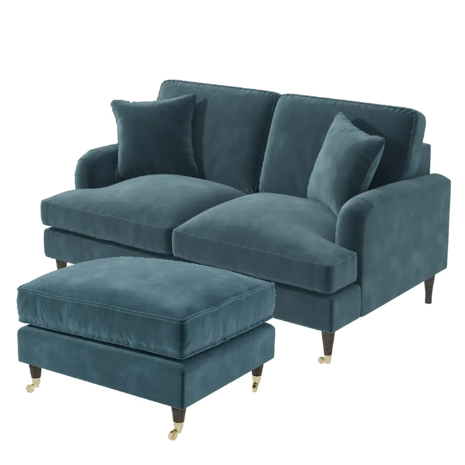 2-Seater Love Seat with Footstool - Blue, Velvet