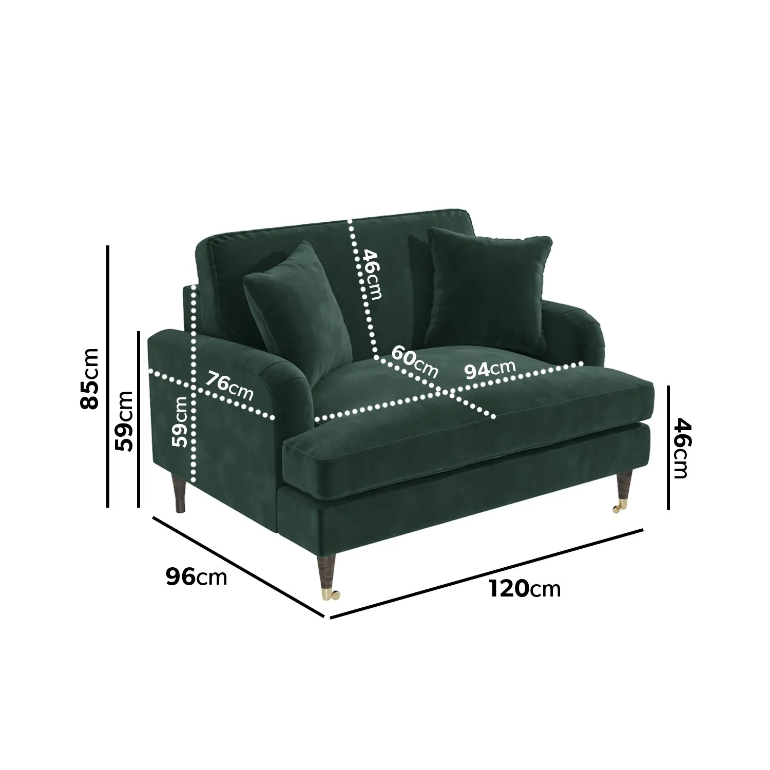 2-Seater Love Seat with Footstool - Green, Velvet