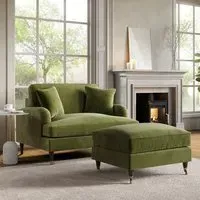 2-Seater Love Seat with Footstool - Green, Velvet