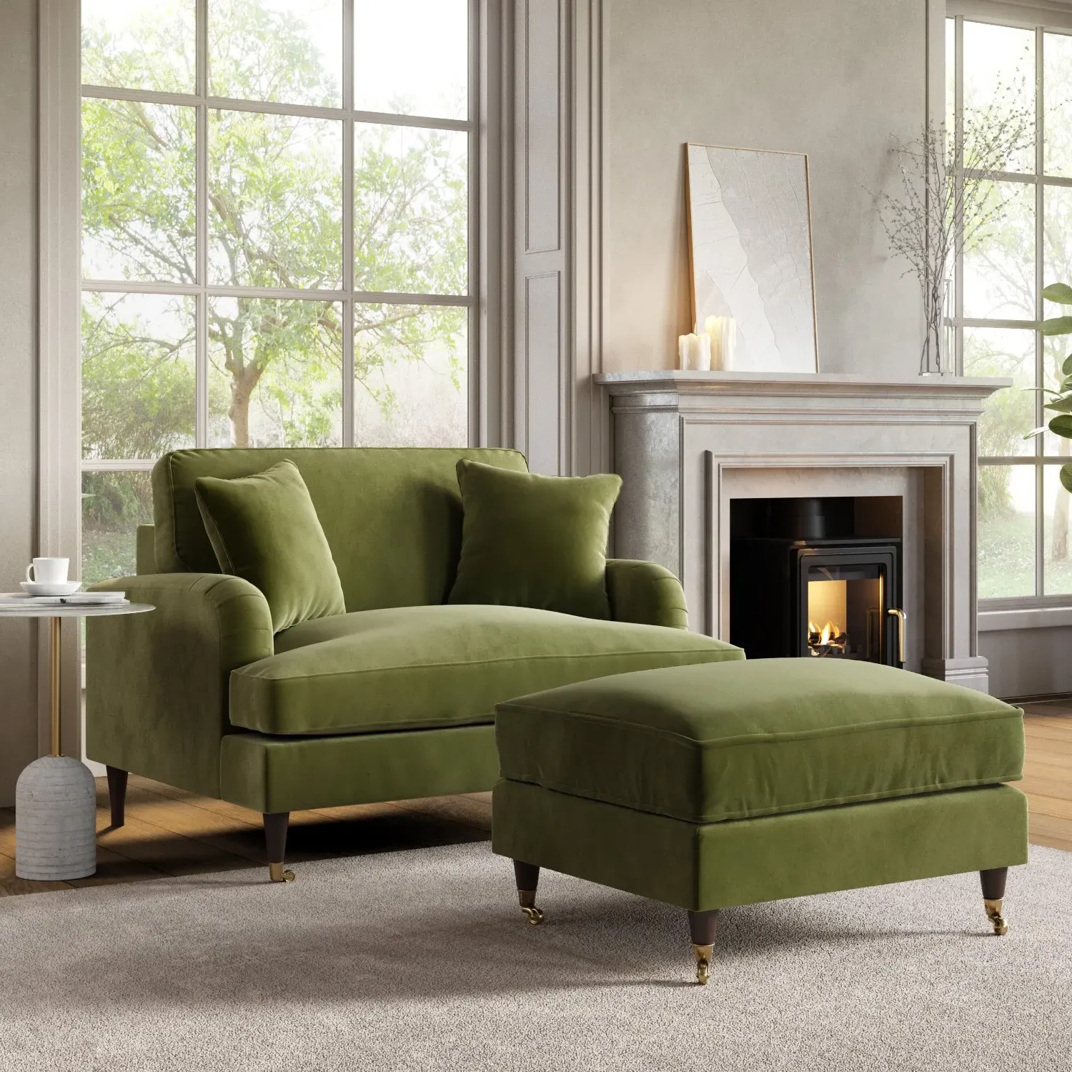 2-Seater Love Seat with Footstool - Green, Velvet