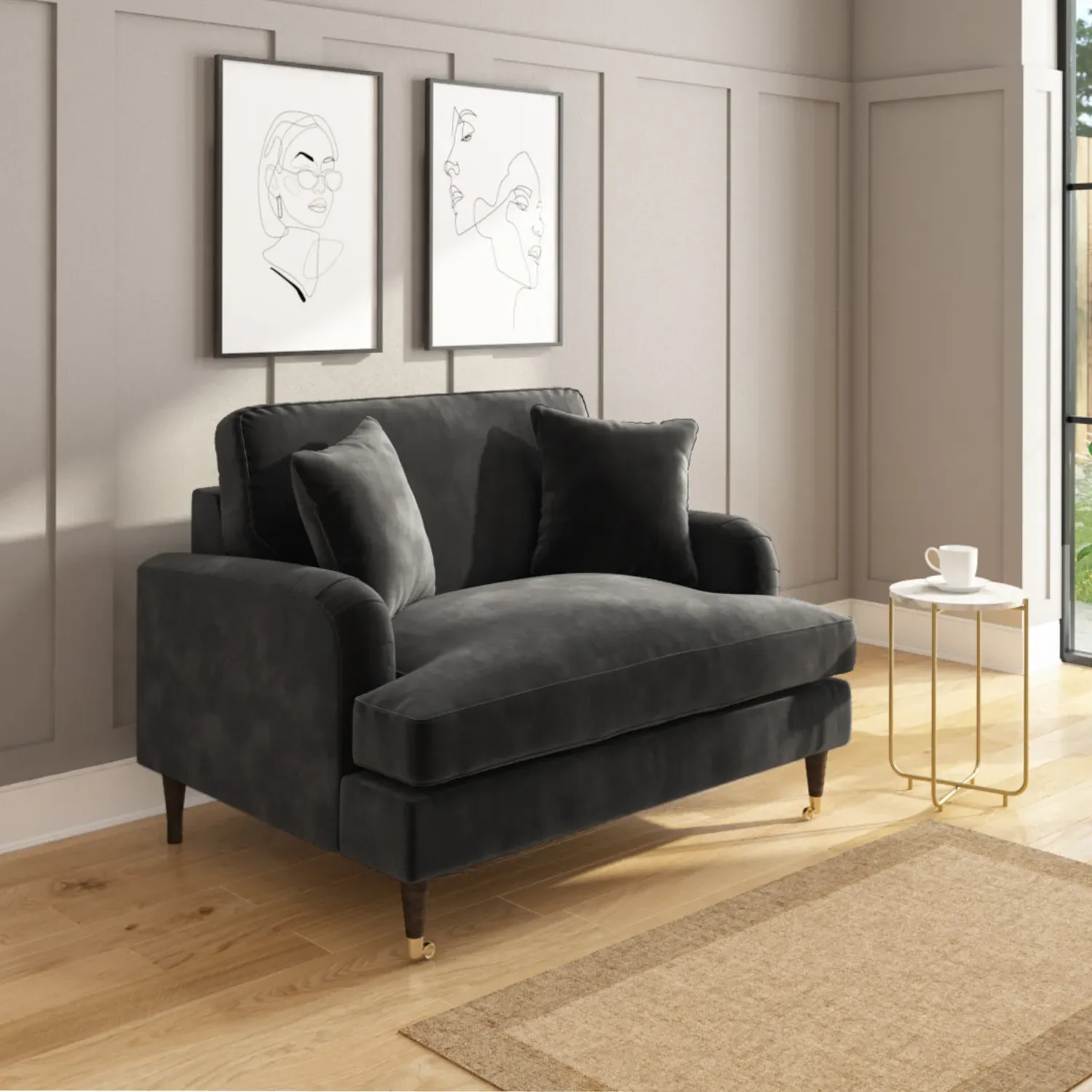 2-Seater Love Seat with Footstool - Grey, Velvet