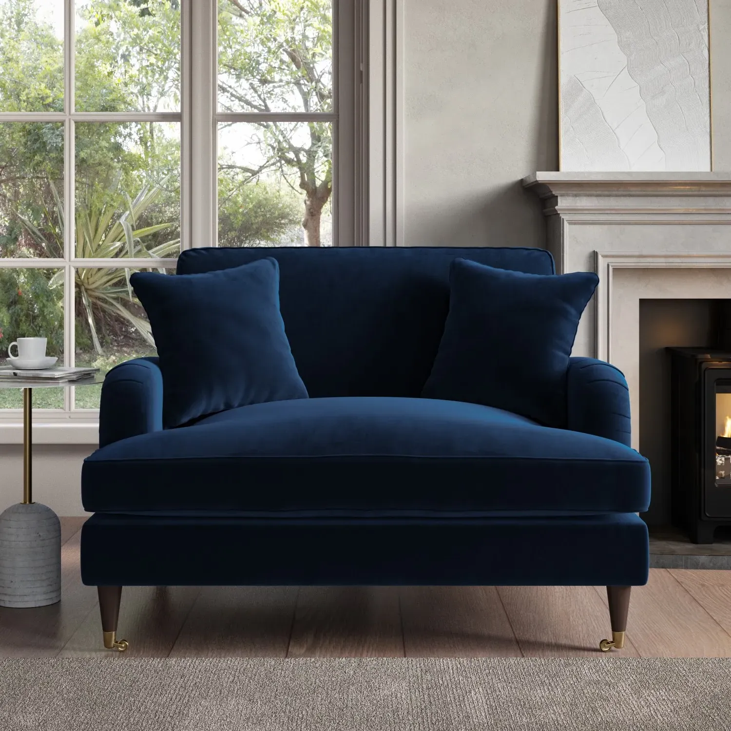2-Seater Love Seat with Footstool - Navy, Velvet
