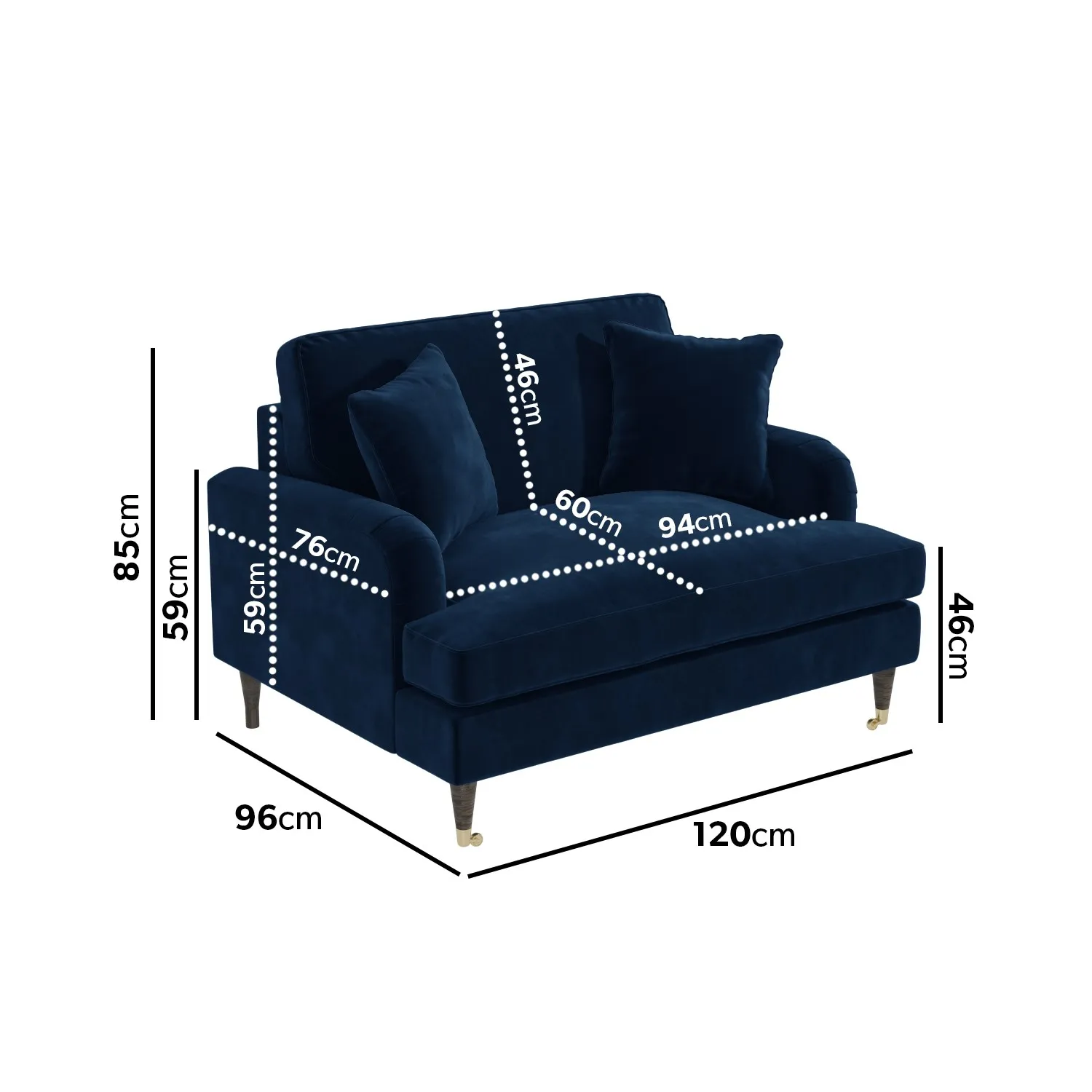 2-Seater Love Seat with Footstool - Navy, Velvet