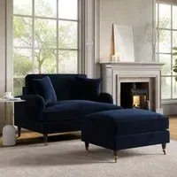 2-Seater Love Seat with Footstool - Navy, Velvet