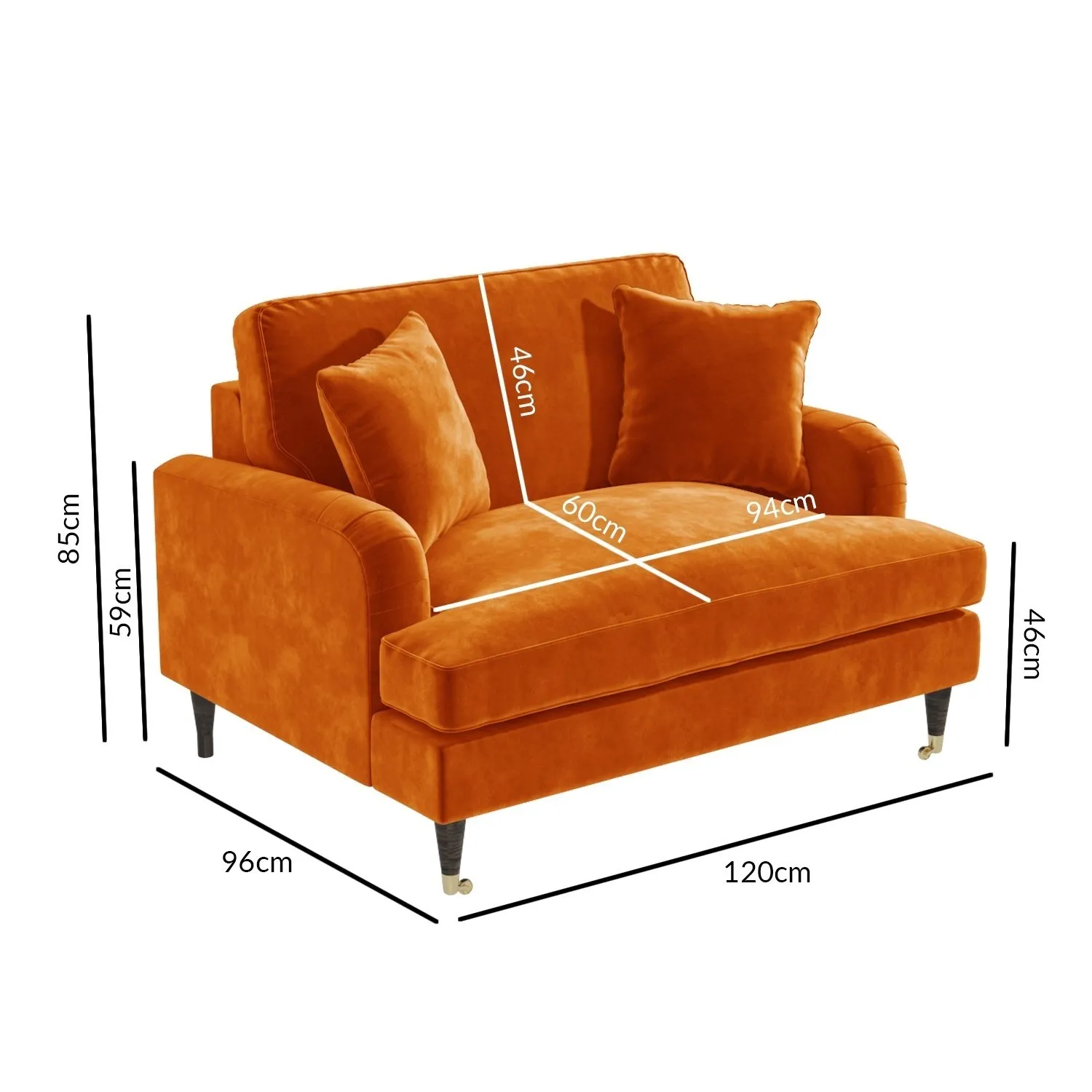 2-Seater Love Seat with Footstool - Orange, Velvet