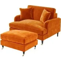 2-Seater Love Seat with Footstool - Orange, Velvet