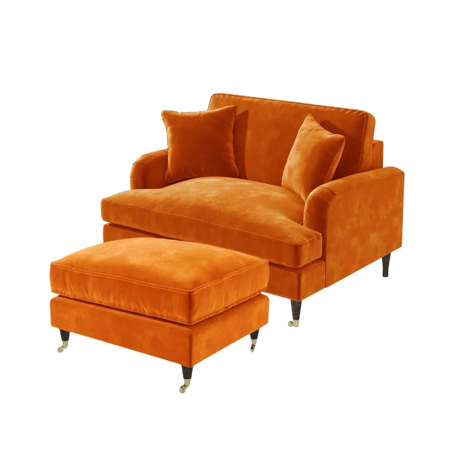 2-Seater Love Seat with Footstool - Orange, Velvet