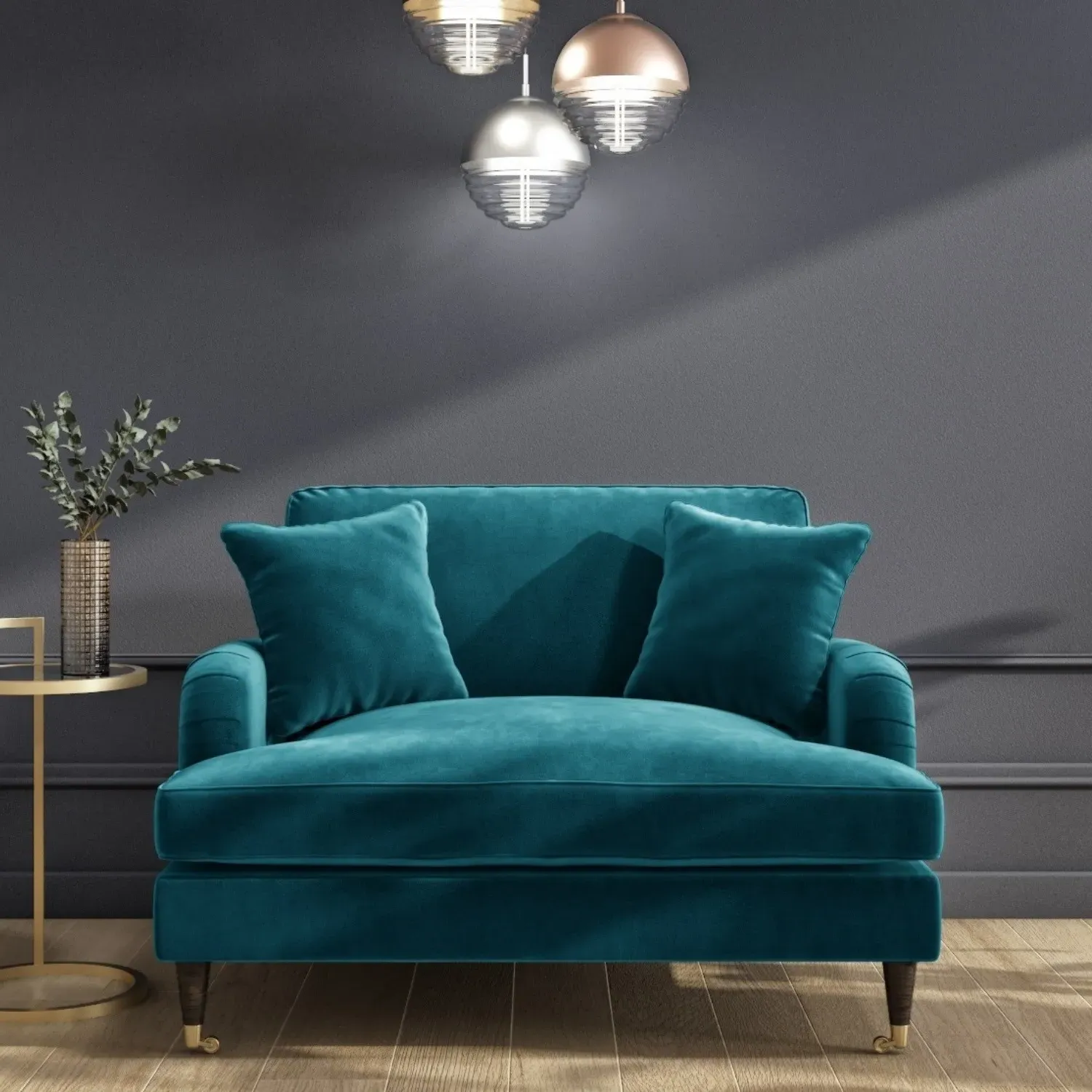 2-Seater Love Seat with Footstool - Teal, Velvet