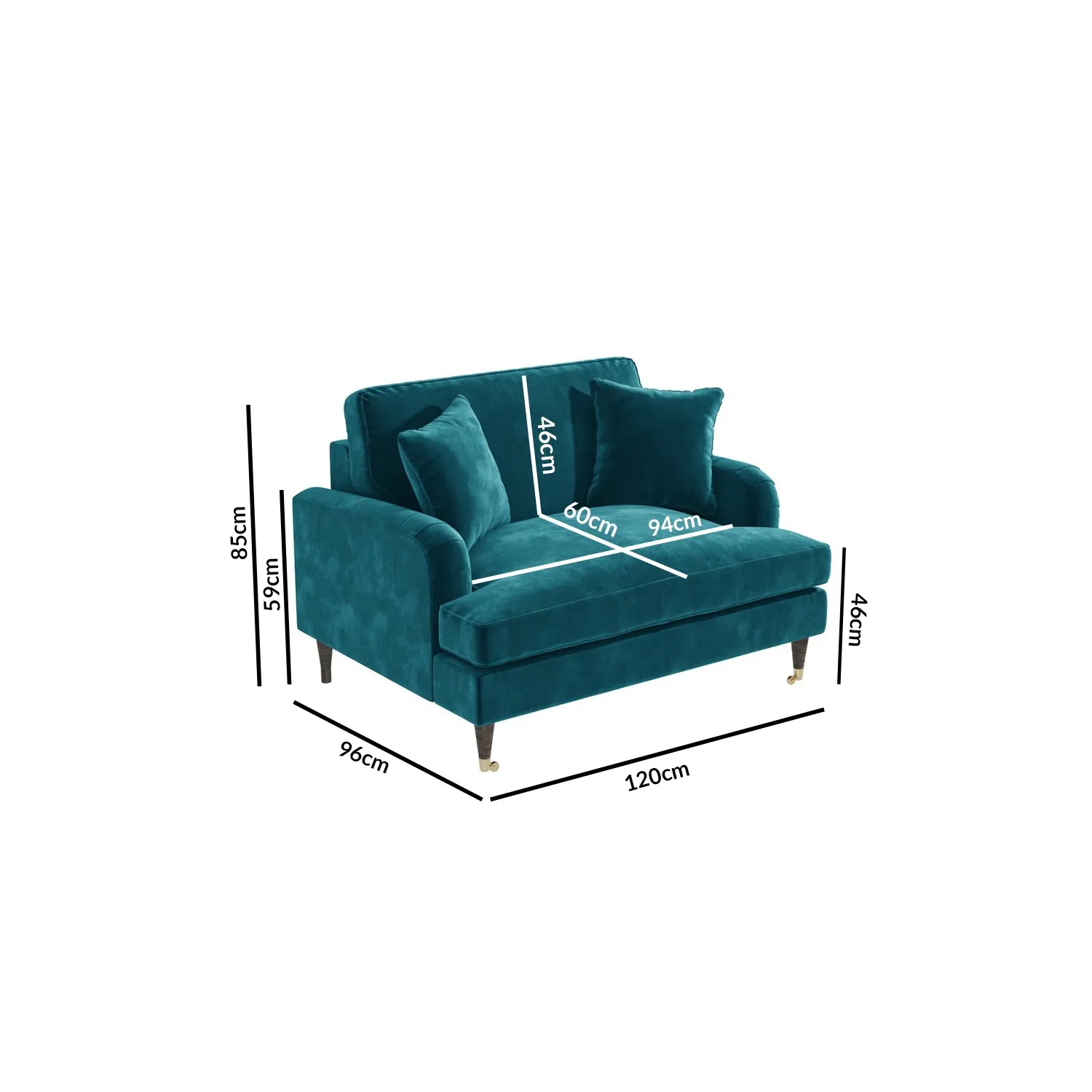 2-Seater Love Seat with Footstool - Teal, Velvet