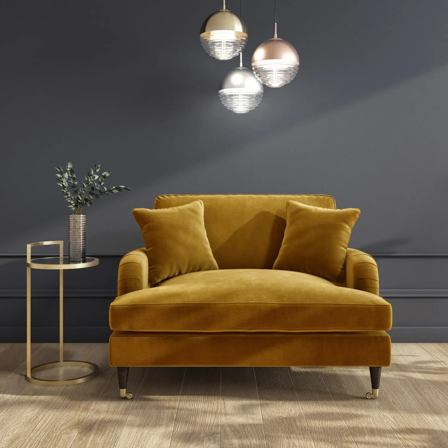 2-Seater Love Seat with Footstool - Yellow, Velvet