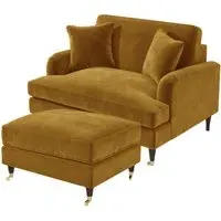 2-Seater Love Seat with Footstool - Yellow, Velvet