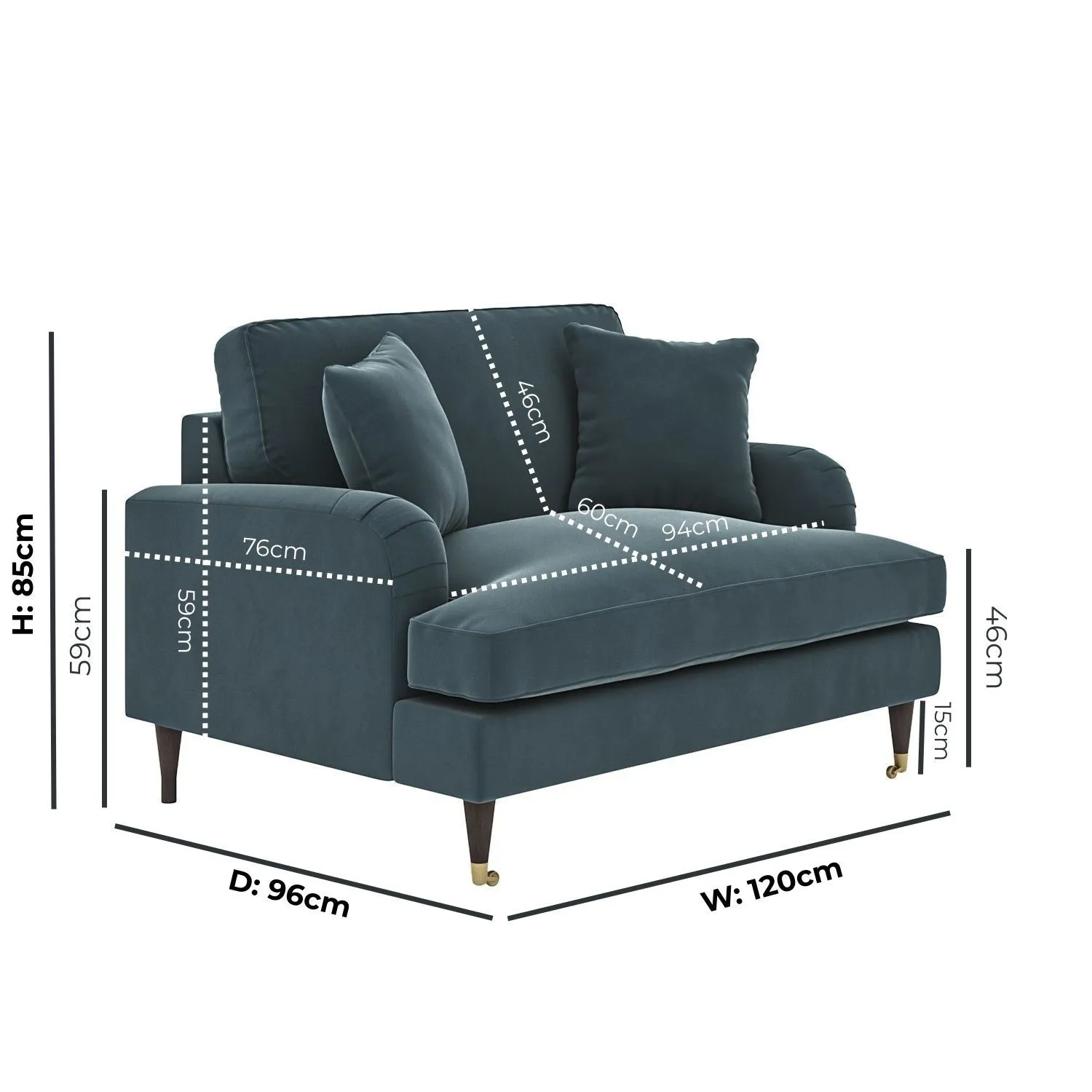 2-Seater Loveseat with Castors - Blue, Velvet
