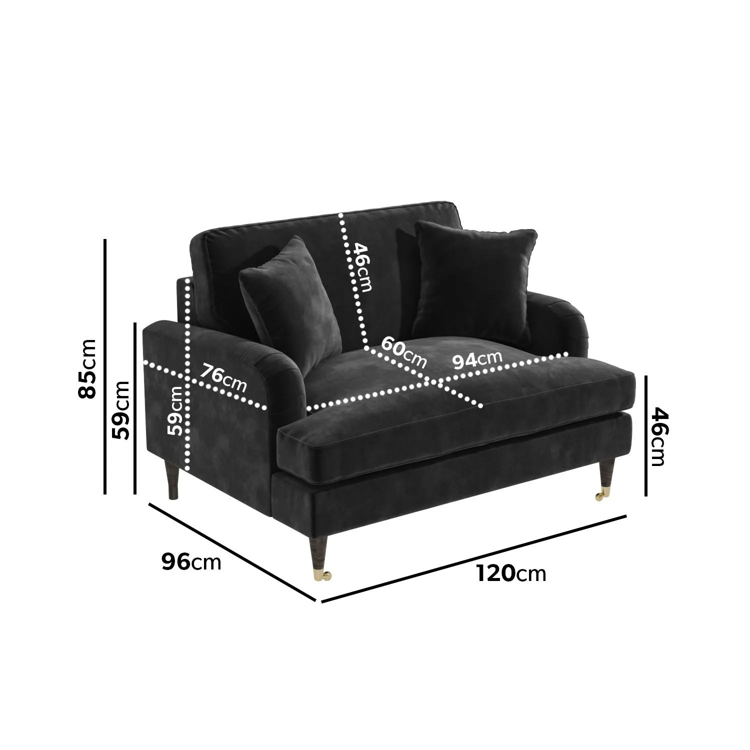 2-Seater Loveseat with Castors - Grey, Velvet