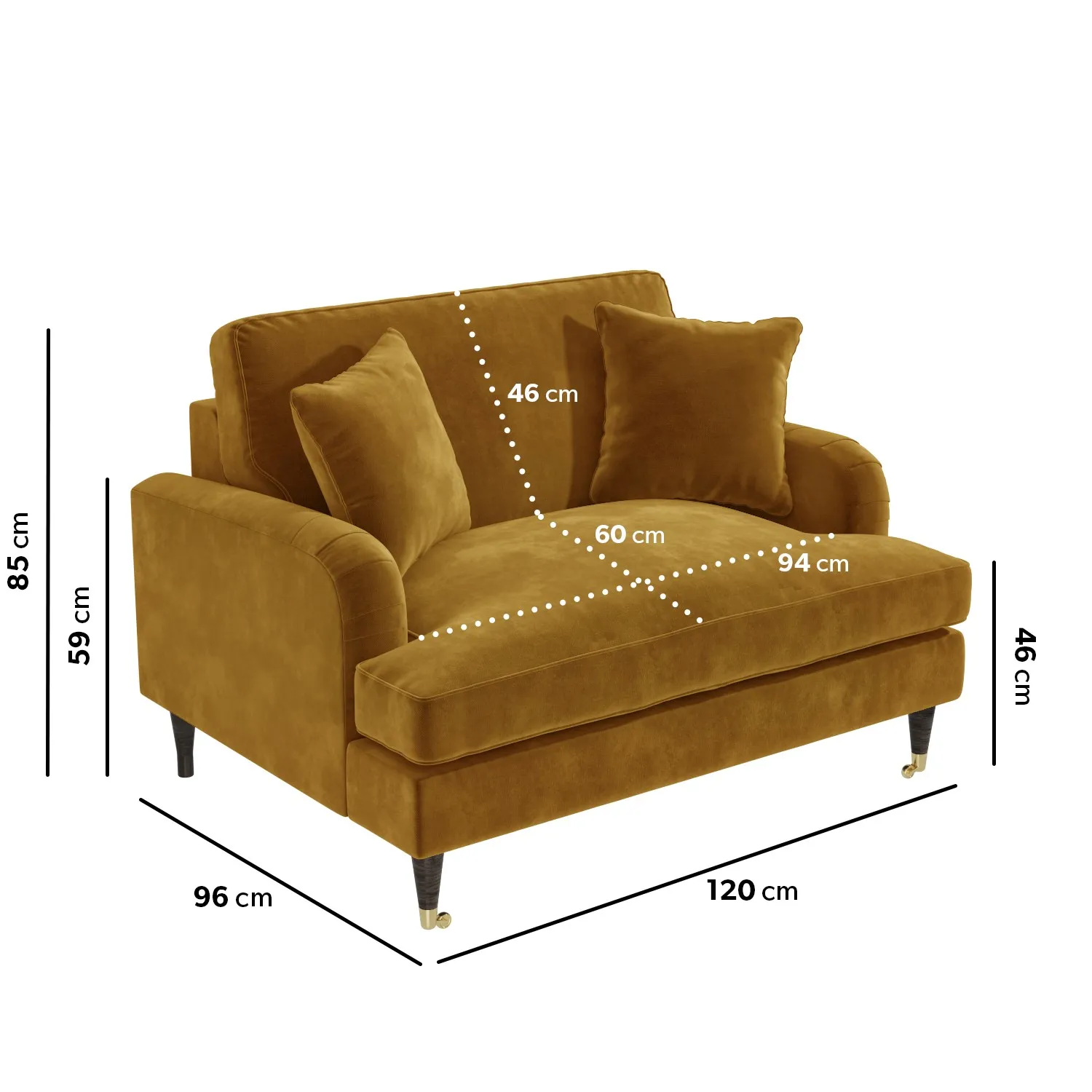 2-Seater Loveseat with Castors - Mustard, Velvet