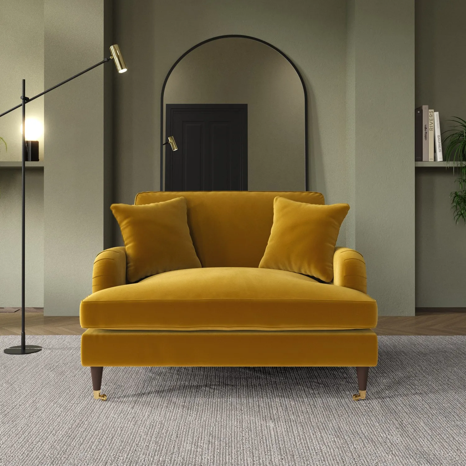 2-Seater Loveseat with Castors - Mustard, Velvet