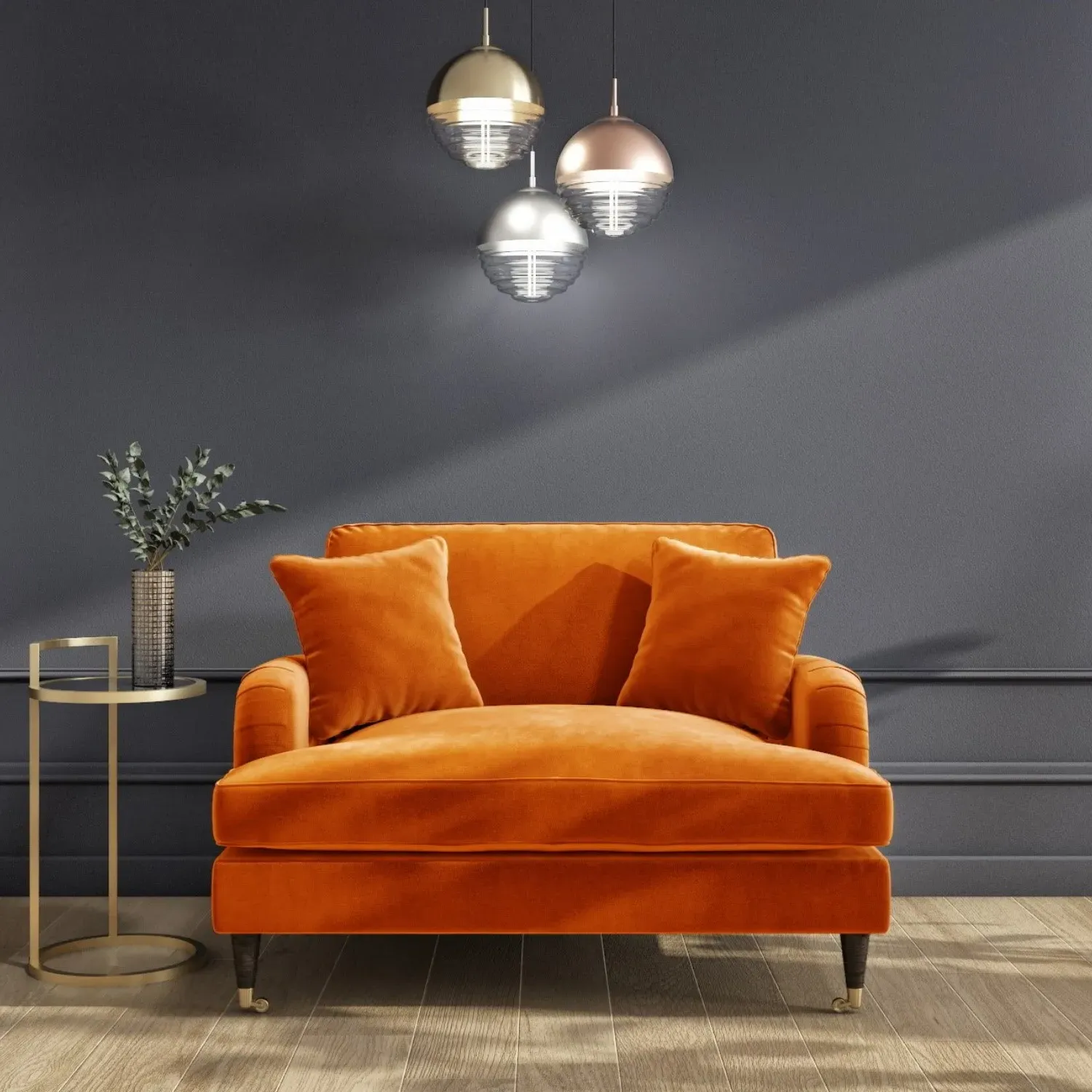 2-Seater Loveseat with Castors - Orange, Velvet