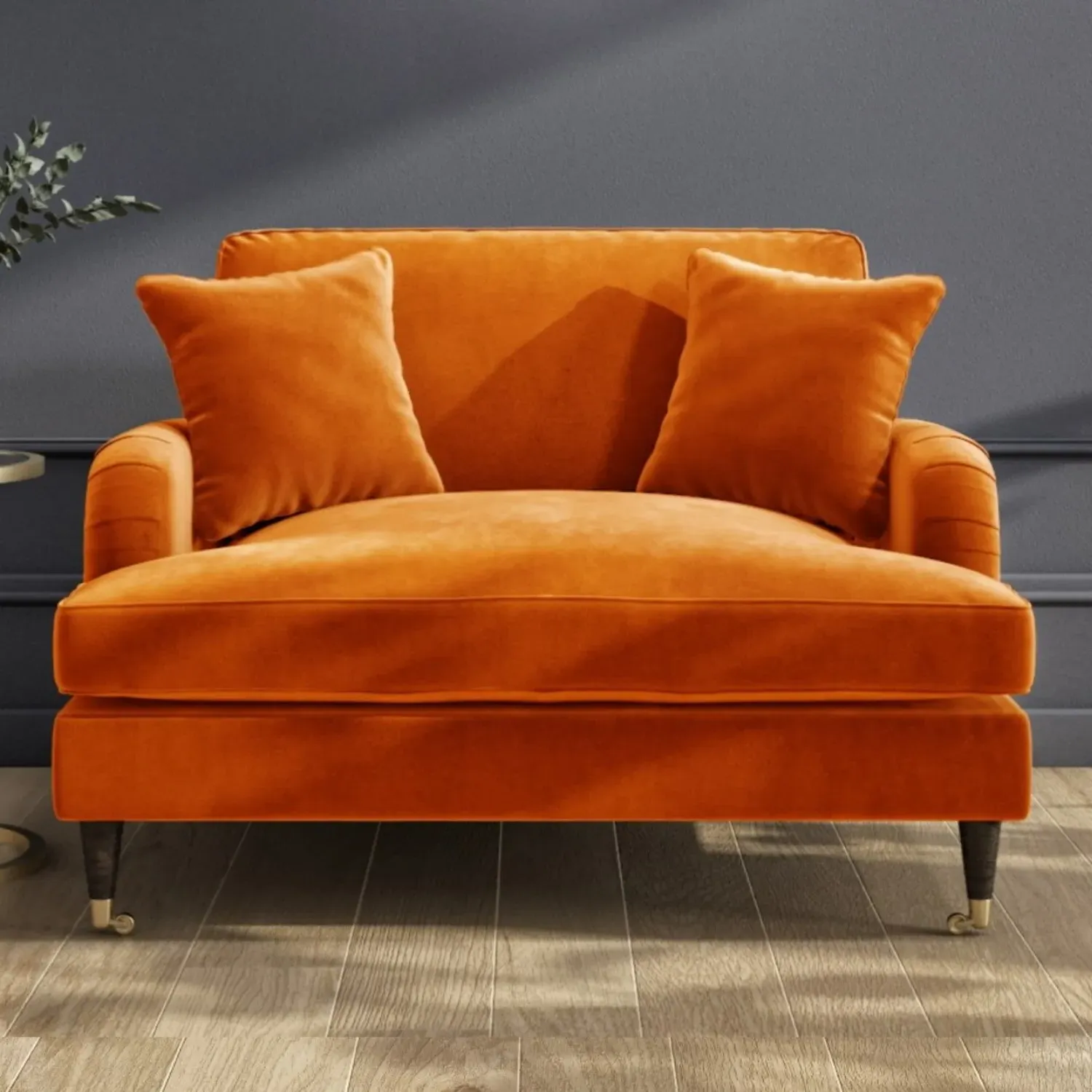 2-Seater Loveseat with Castors - Orange, Velvet