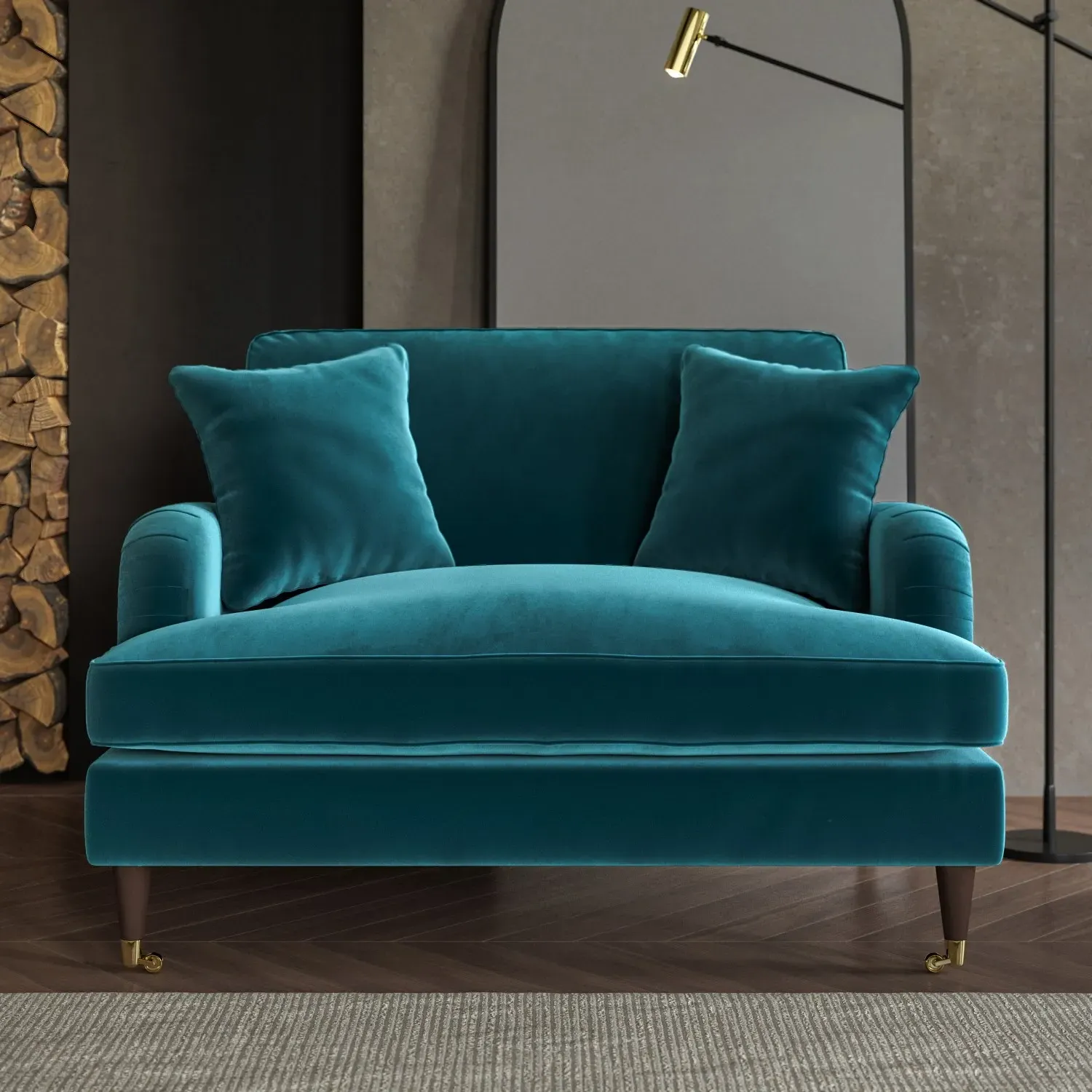 2-Seater Loveseat with Castors - Teal, Velvet