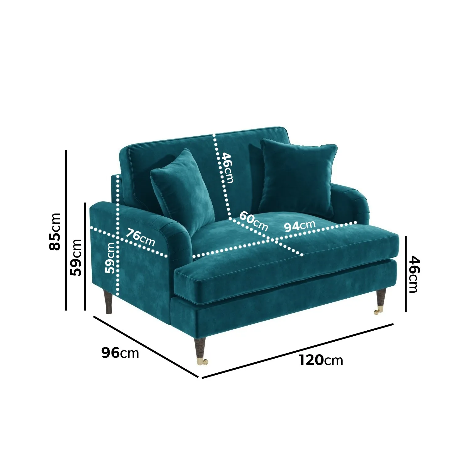 2-Seater Loveseat with Castors - Teal, Velvet