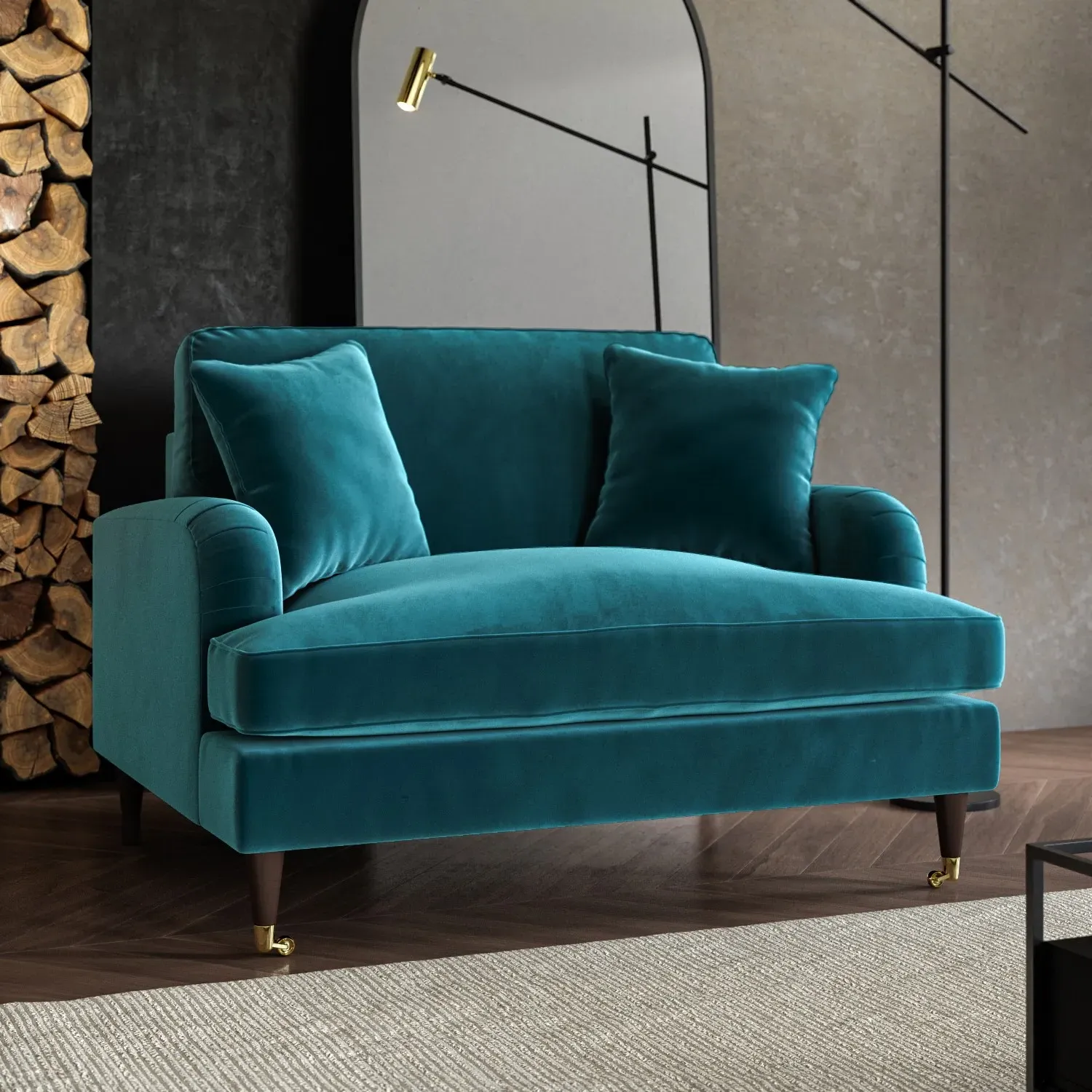 2-Seater Loveseat with Castors - Teal, Velvet