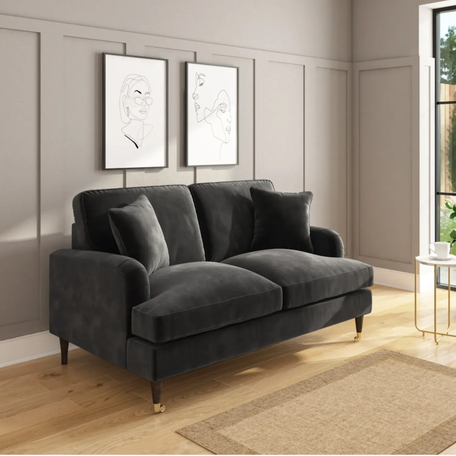 2-Seater Sofa Set with Footstool - Grey, Velvet