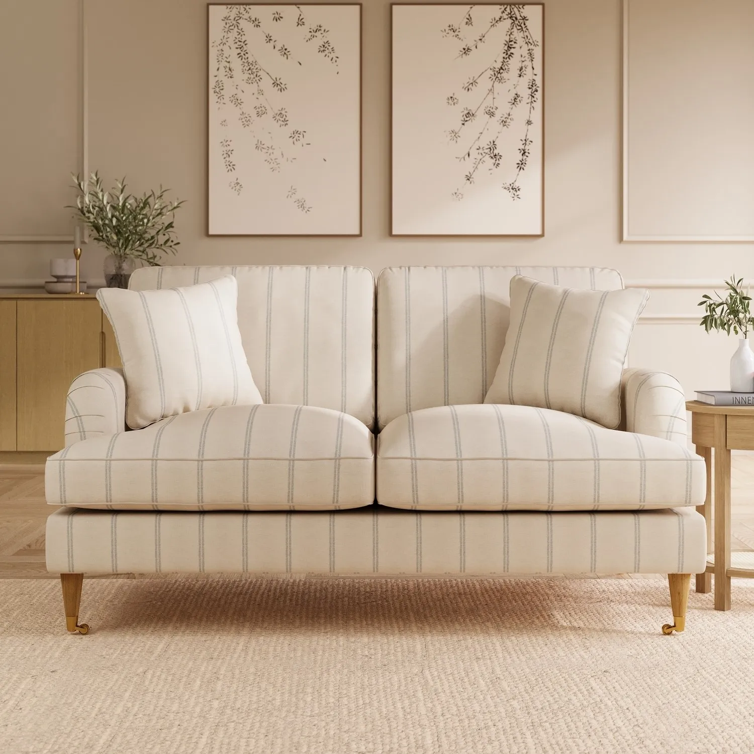 2-Seater Sofa with Castors - Cream, Chenille