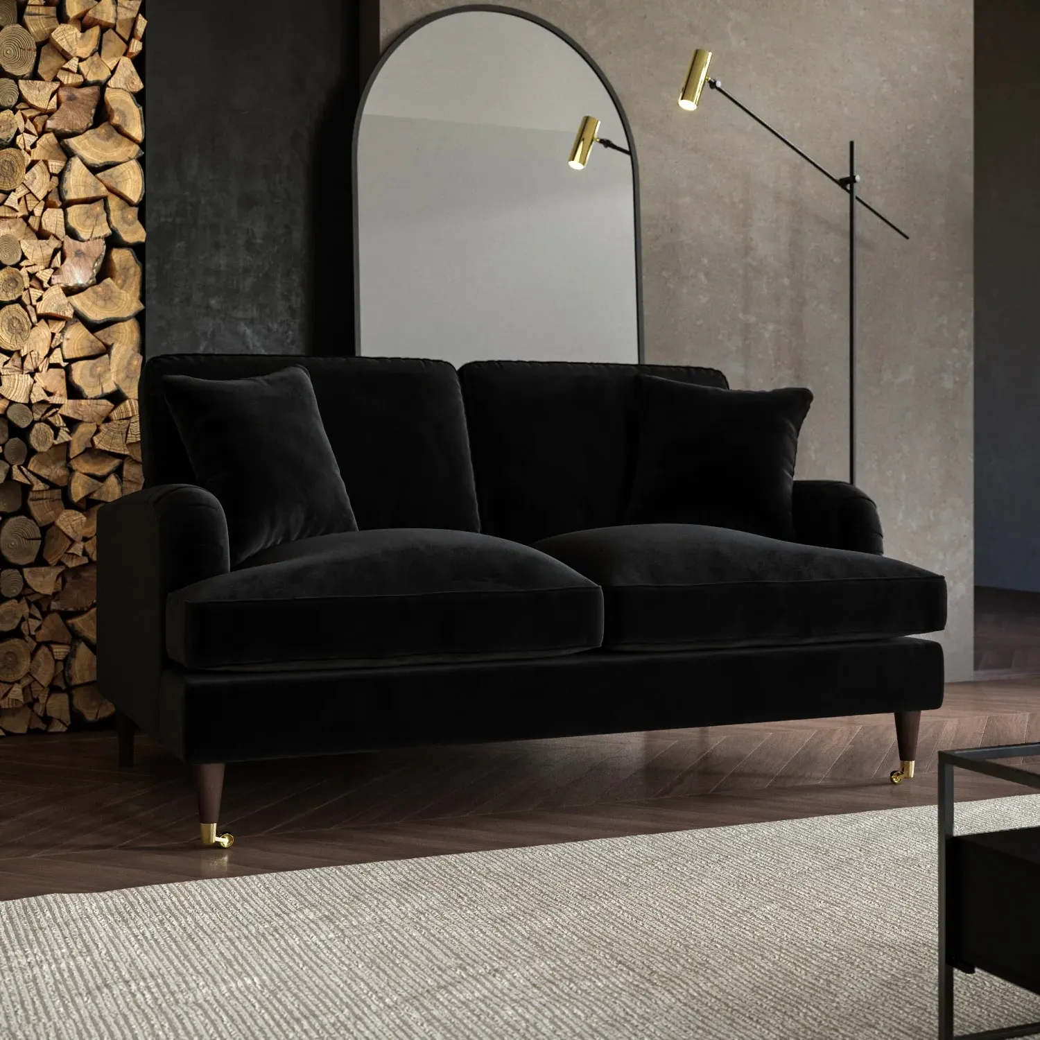 2-Seater Sofa with Scatter Cushions - Black, Velvet