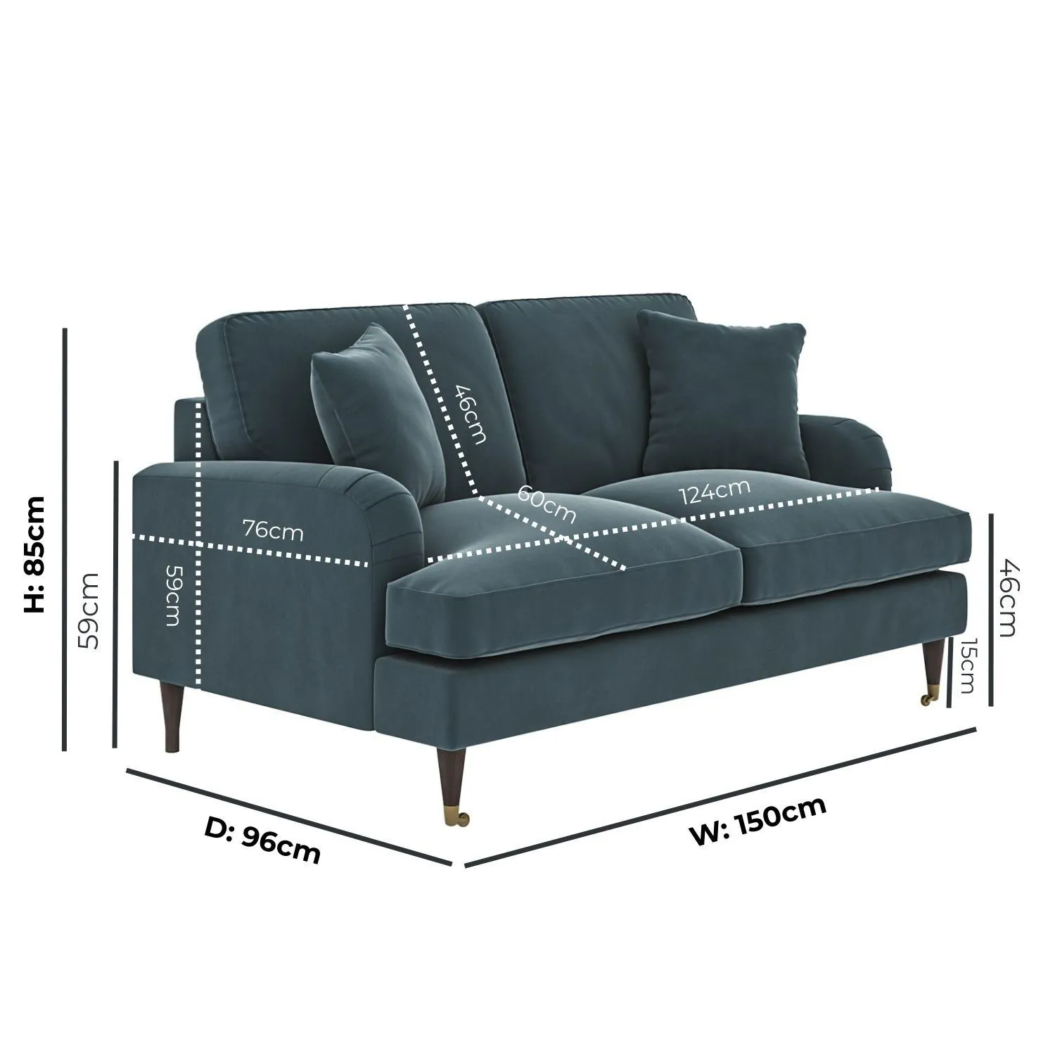 2-Seater Sofa with Scatter Cushions - Blue, Velvet