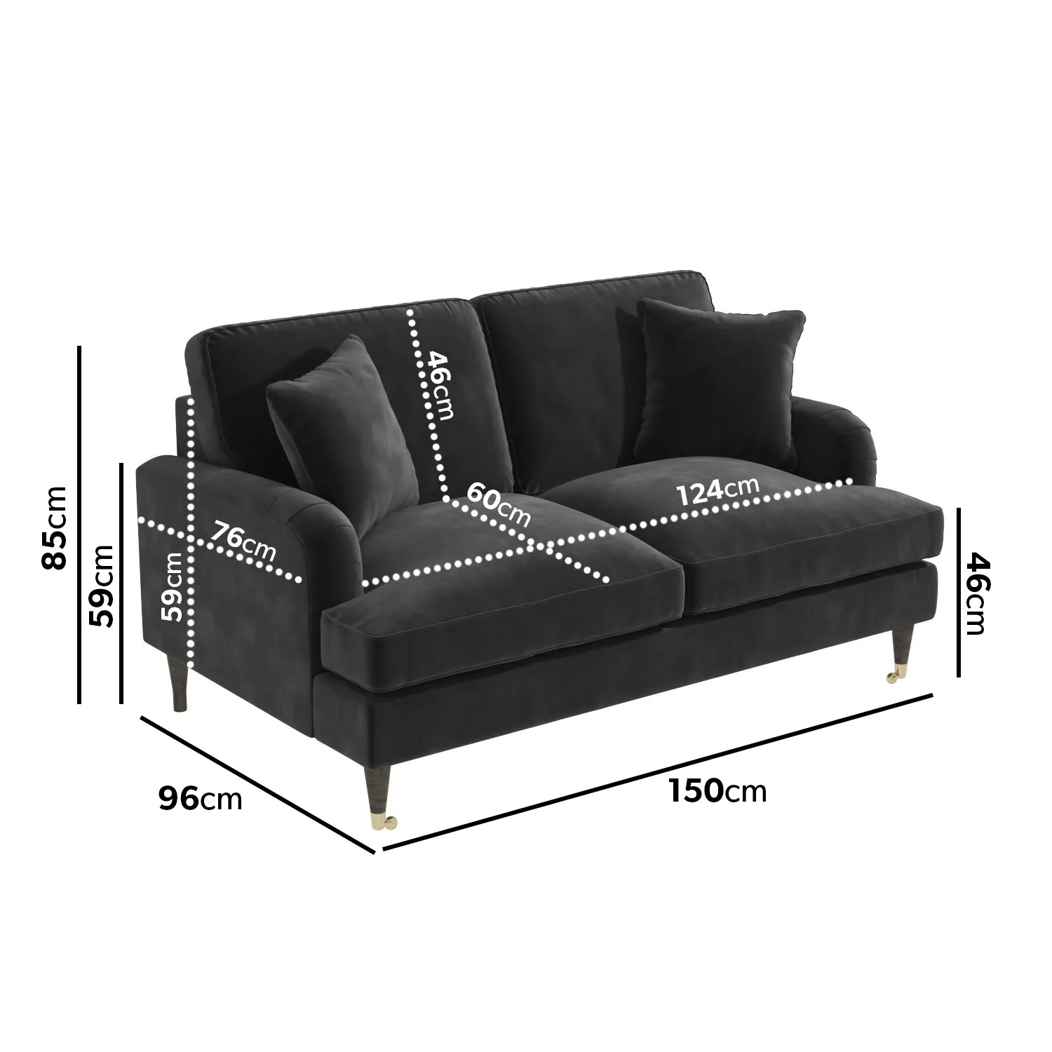 2-Seater Sofa with Scatter Cushions - Grey, Velvet