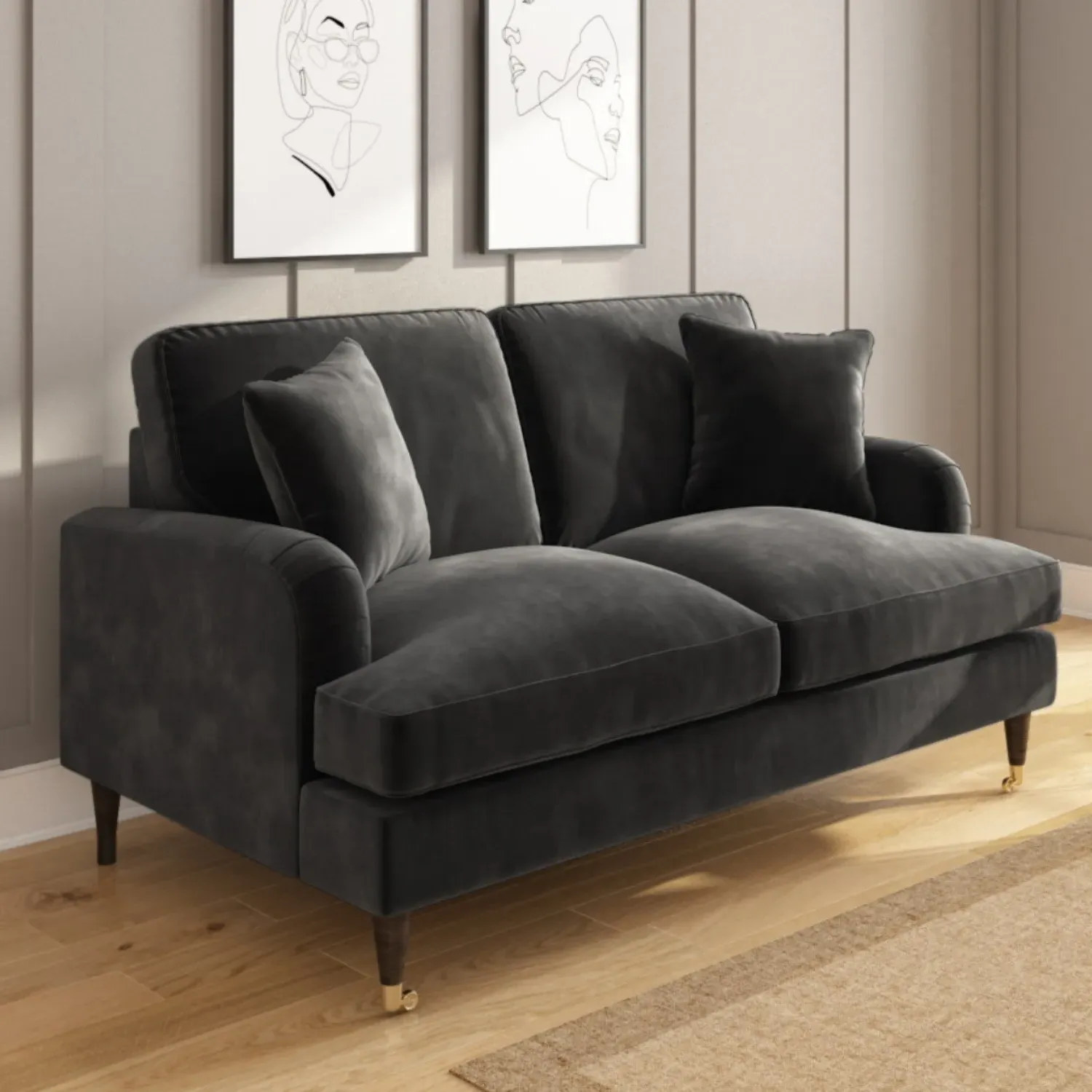 2-Seater Sofa with Scatter Cushions - Grey, Velvet