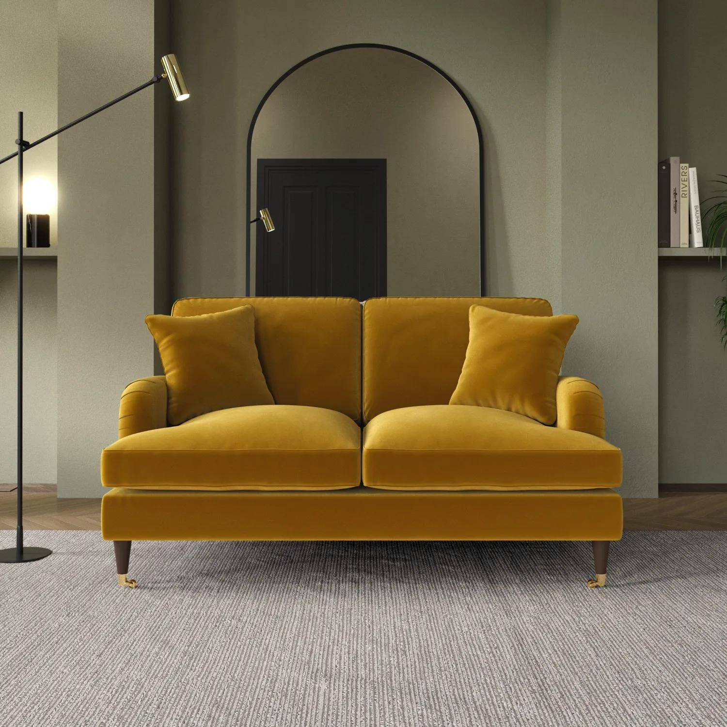 2-Seater Sofa with Scatter Cushions - Mustard, Velvet