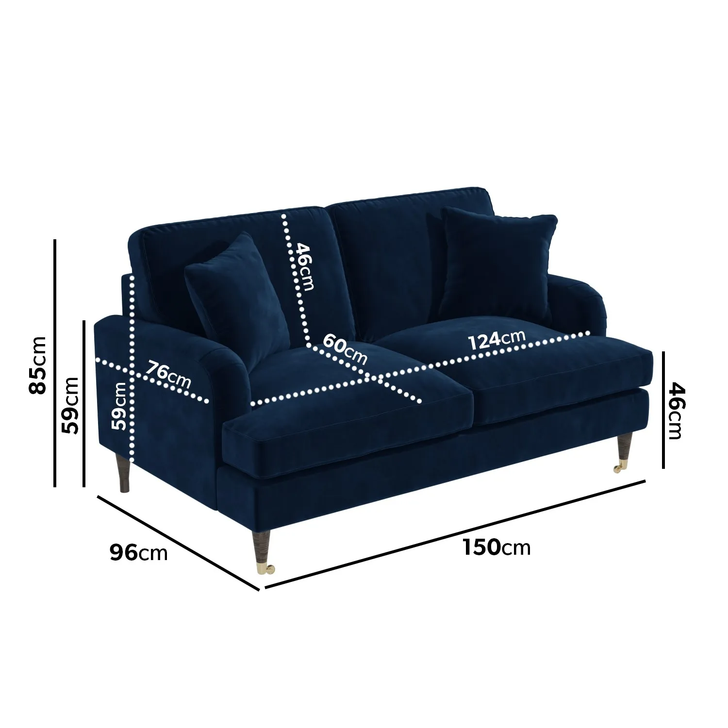 2-Seater Sofa with Scatter Cushions - Navy, Velvet